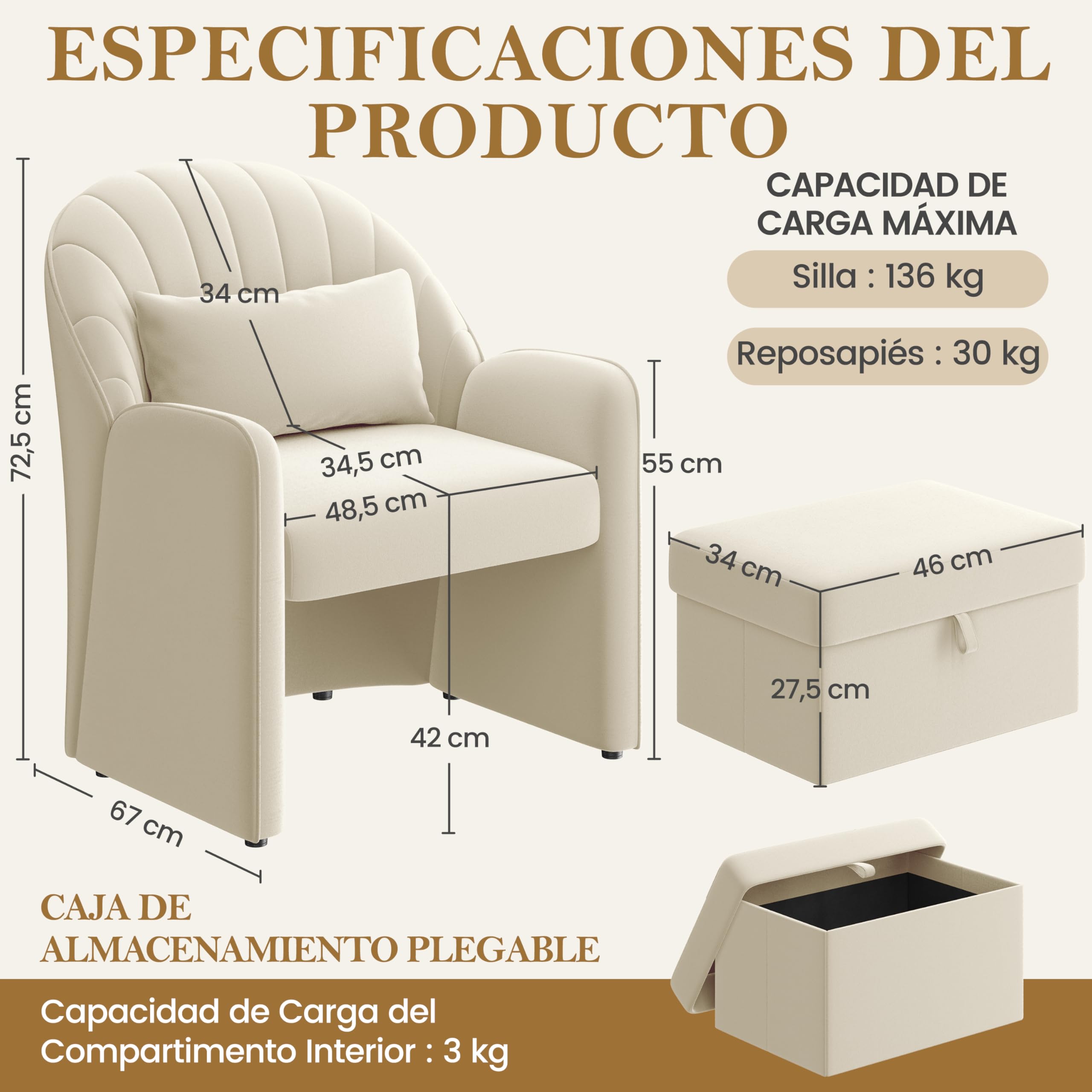 Yaheetech Sillón Relax de Diseño Floral con Reposapiés Almacenamiento Beige | Sillón Lectura para Salón y Sala de Estar, y una Almohada, Carga de 136 kg, Apto para Espacios Reducidos