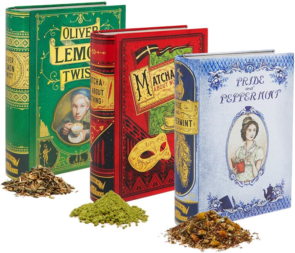 NovelTea Tins | Gift Set Tea Box Collection with Punny Tea Inside: Pride and Peppermint, Matcha Do About Nothing, Oliver Lemon Twist