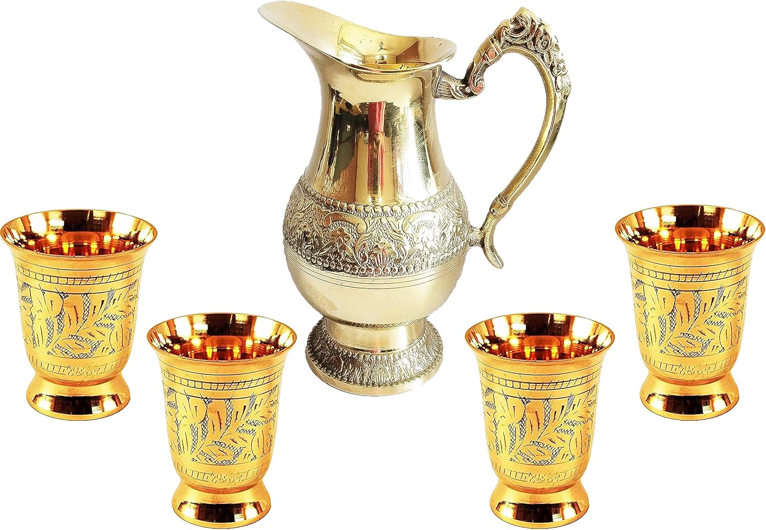 PARIJAT HANDICRAFT Brass Embossed jug for Drinking Water 1100 mililiter, Set of 4 brass mint julep cup capacity 10 ounce Pitcher Set