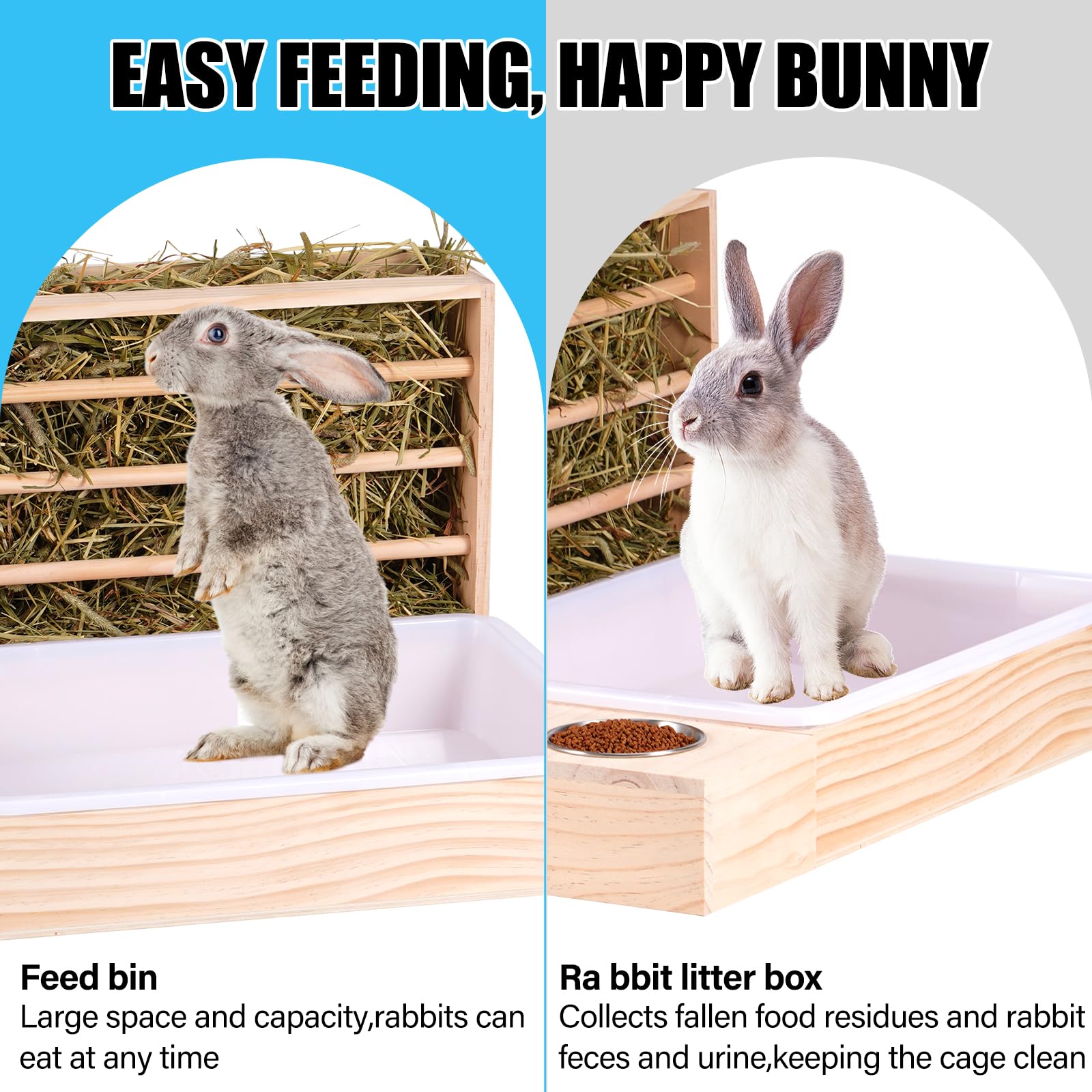 4 in 1 Großer Kaninchen Heu Feeder mit Katzentoilette Holz Futterautomat aus Holz mit 2 Näpfen Hase Toilette für Kaninchen Meerschweinchen Chinchilla Hase Andere Kleintiere