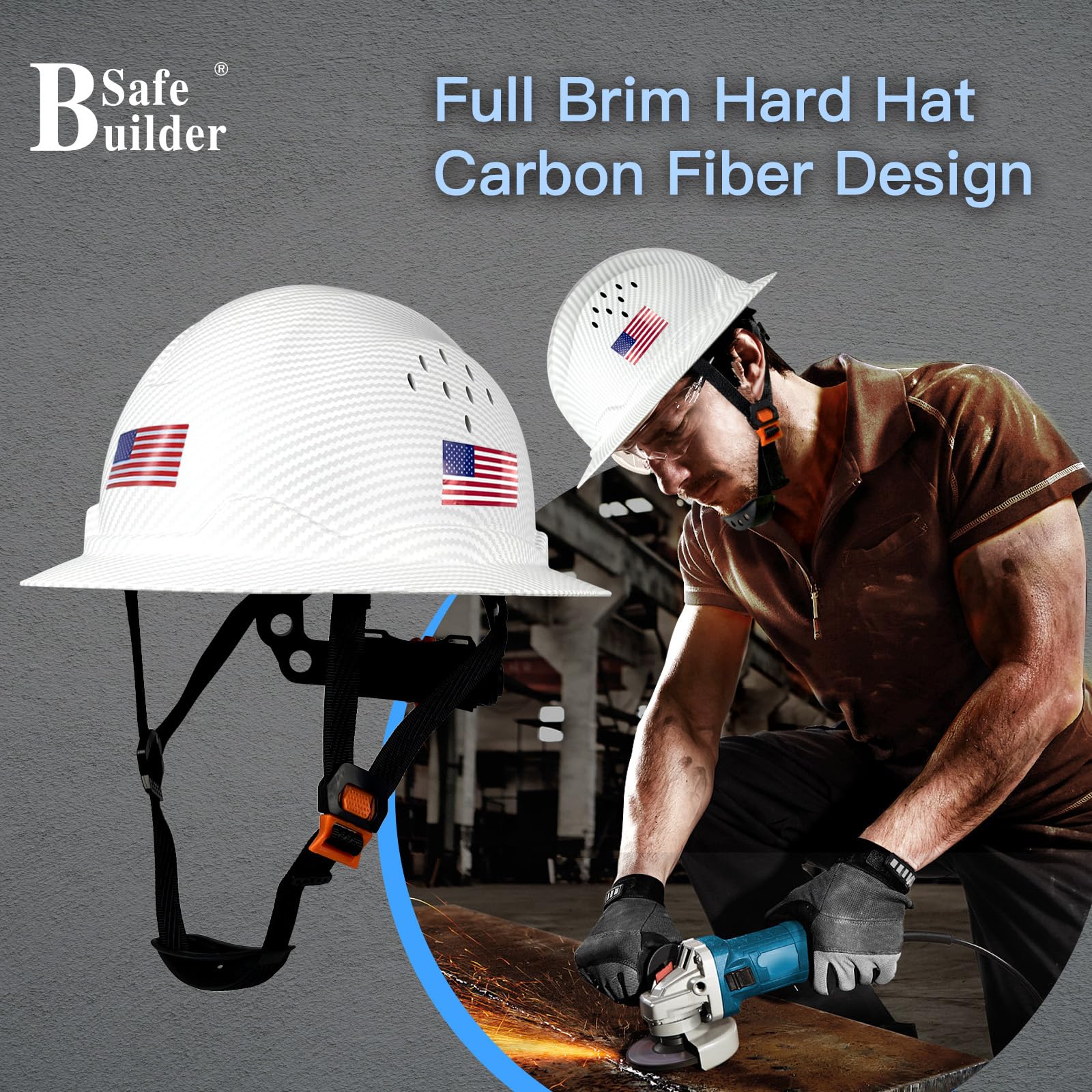 SAFEBUILDER SBD-G1C - Casco de seguridad de ala completa, HDPE, ventilado, patrón de fibra de carbono, trabajo industrial, certificado ANSI/ISEA Z89.1