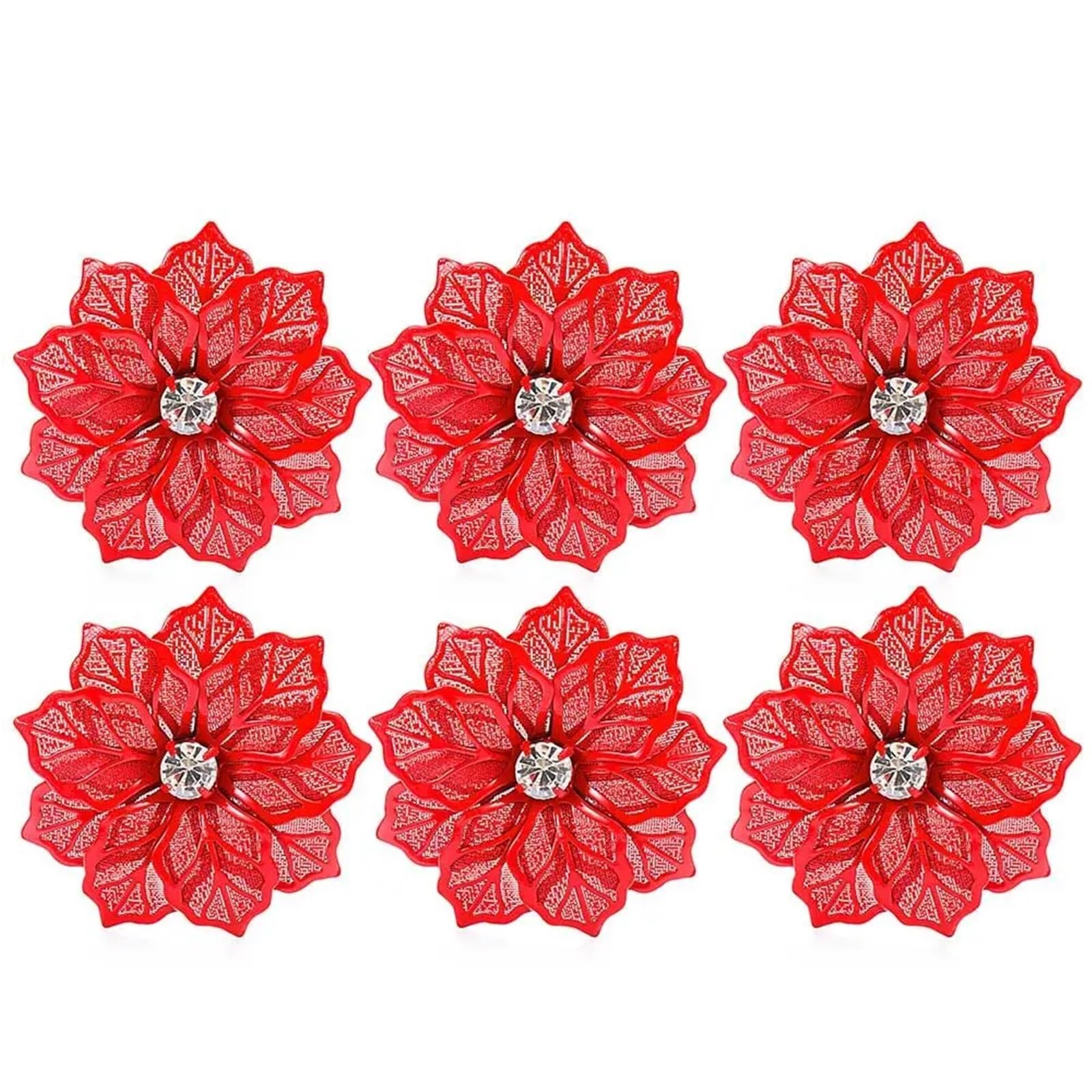 Portatovaglioli ad anello, 48 pezzi, decorazione natalizia con fiore in cristallo cavo, decorazione da tavolo (rosso)