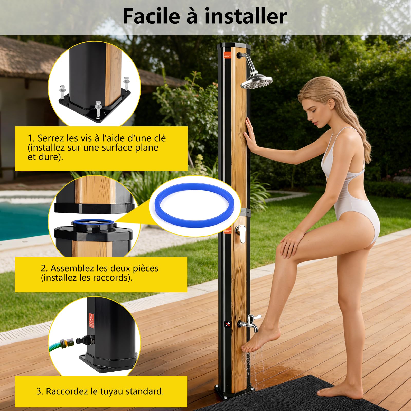 COOLWEST Douche Solaire de 40 Litres avec Fond en Plastique, Douche de Jardin Solaire avec Pommeau de Douche Pivotant à 360 ° et Douche à pied, Température Réglable Jusqu'à 60 °C, pour Jardin, Piscine