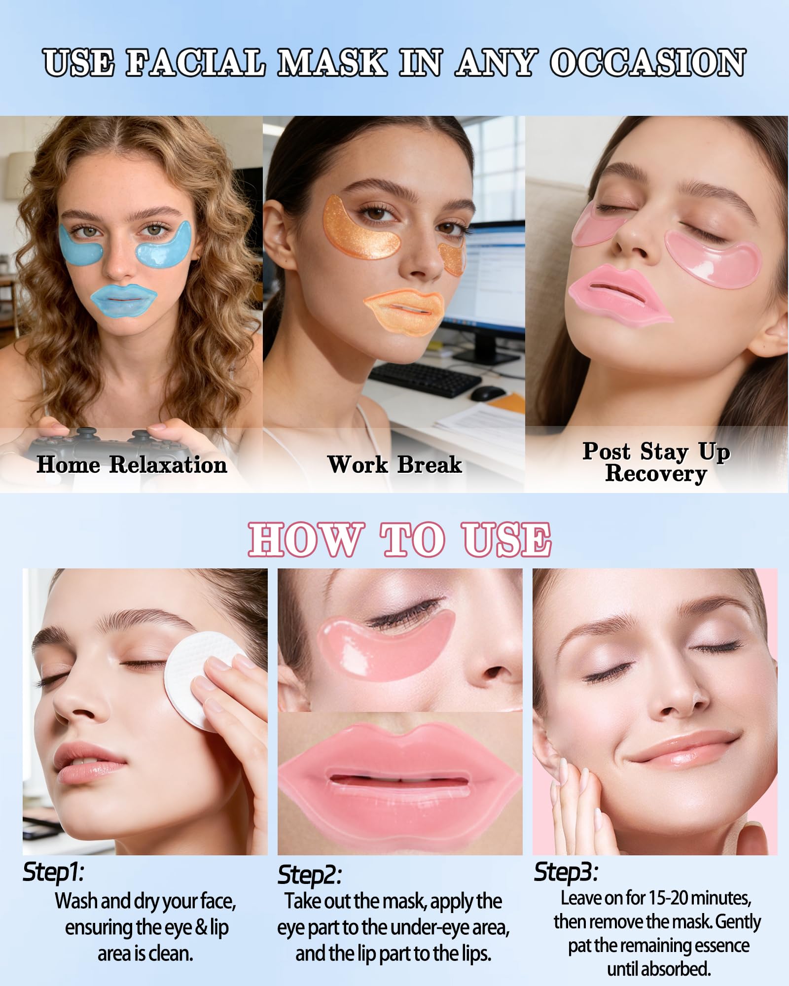 Lot de 8 Masques Yeux et Lèvres au Collagène, Cristal Pêche Patchs Améliorer les Cernes et Poches, Rides et Rides Fines, Masque Lèvres Hydratant, Kit Complet Soins Cadeau Femme Beaute - Set A