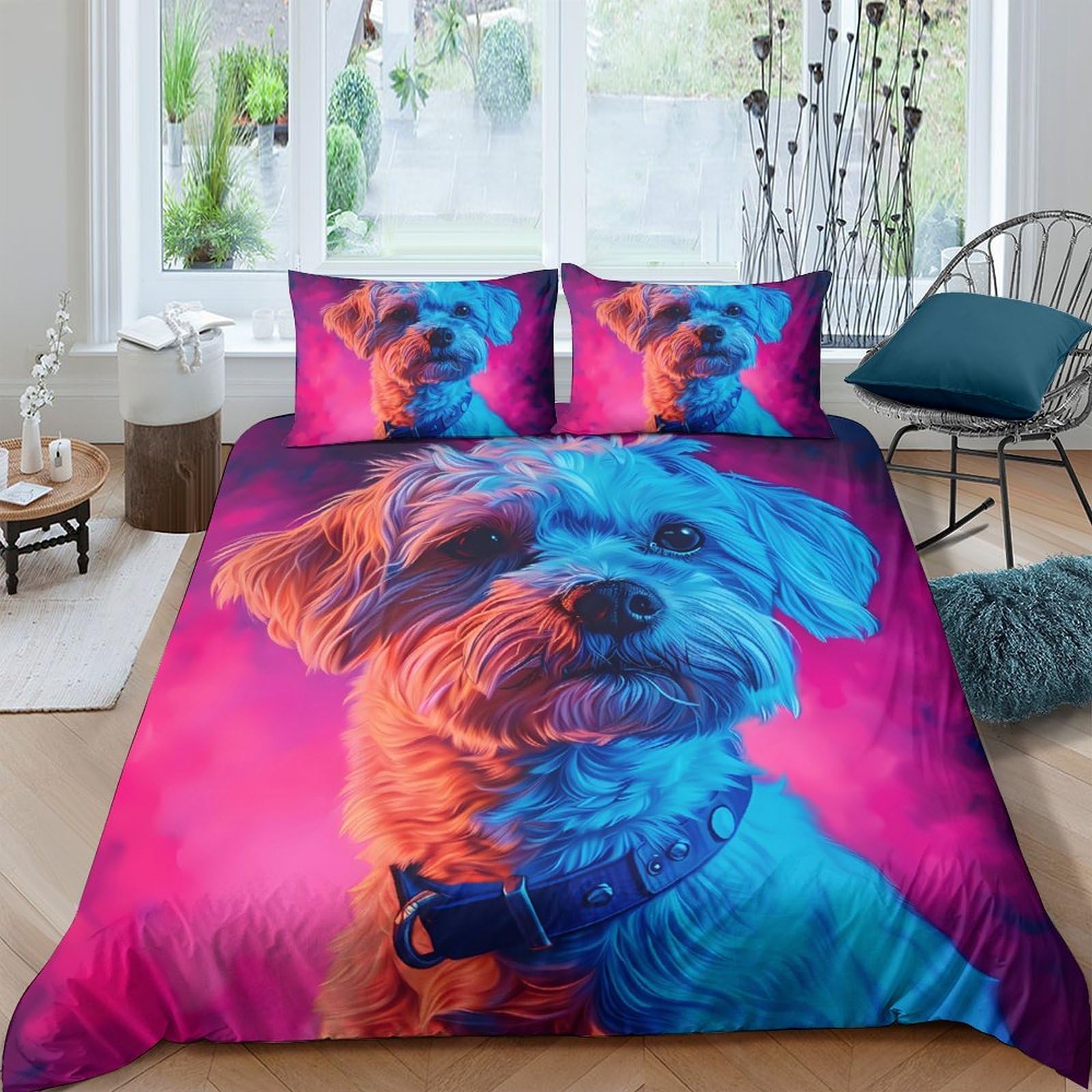GPLZQXKJNH 3D Printed Colorful Dog Duvet Cover Microfiber Soft Breathable Pet Portrait Bedding Set with 2 Pillowcases for Bedroom Decor Single（135x200cm）