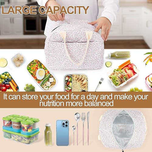 Miniatura 5 de Bolsa de Almuerzo Acolchada de Algodón con Aislamiento, Lindas Bolsas Tote Acolchadas Florales Reutilizables Caja de Almuerzo Coquette Estética de