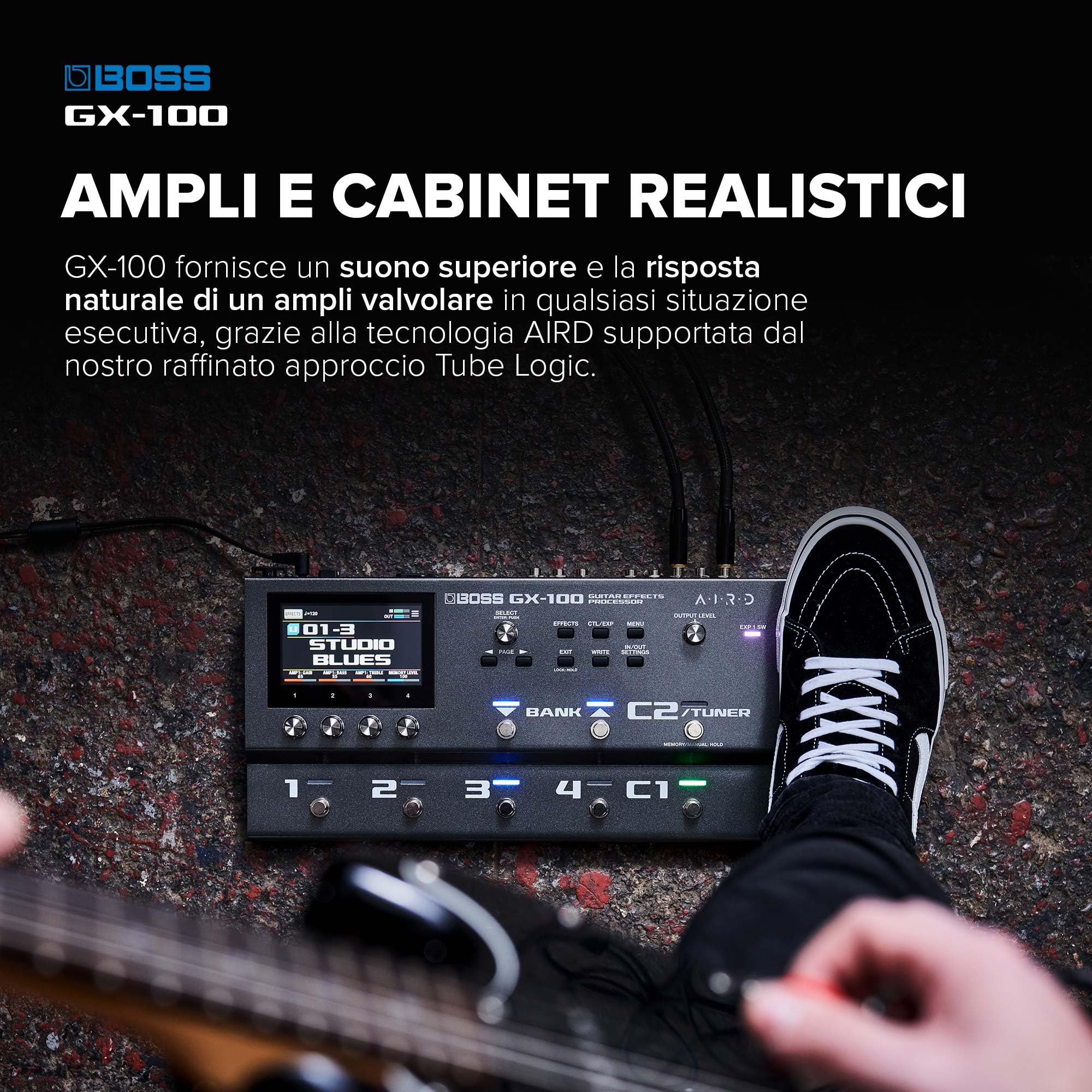 BOSS GX-100 | Processore di effetti per chitarra avanzato | Il vero suono degli ampli valvolari con la tecnologia AIRD | 32 tipi di ampli e oltre 170 effetti BOSS derivati dal top di gamma GT-1000