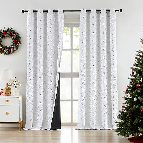 ZJDECOR Paneles de cortinas opacas de color blanco con patrón metálico metálico geométrico plateado, cortinas aislantes térmicas para oscurecer la