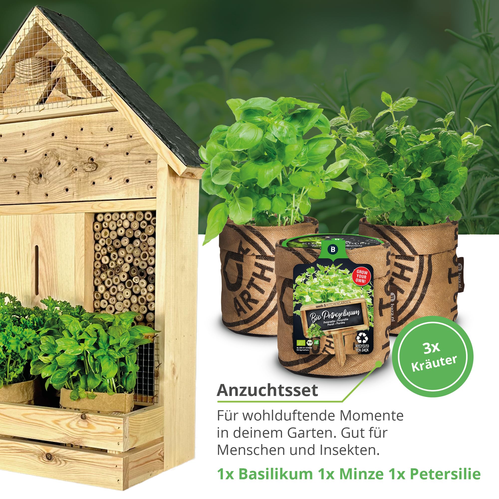 GARTENETAGE Stehendes Insektenhotel XXL mit Schieferdach und Pflanzenoase Kräuterparadies - inkl. Anzuchtset/Naturbelassenes, massives Insektenhaus & Bienenhotel/Insektenhotel zum Aufstellen