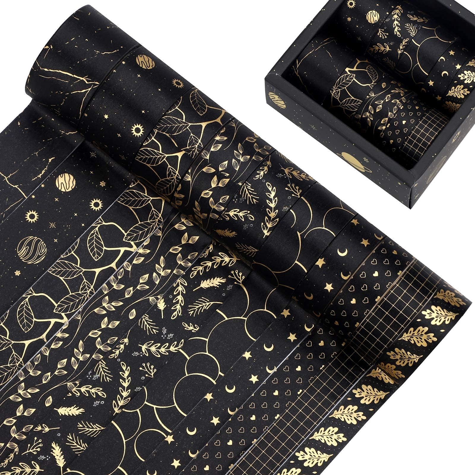 Gukasxi Washi Tape Set, 10 Rolls Gold Foil Japanese Decorative Washi Masking Tape Set for Crafts Scrapbook DIY Gift Wrapping (Black)