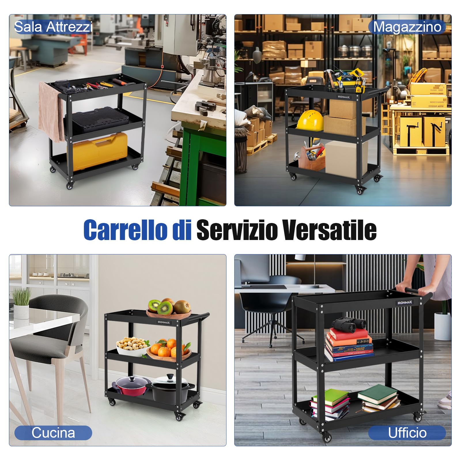 COSTWAY Carrello Portautensili a 3 Livelli, Carrello Metallico Resistente con 3 Ripiani, 4 Ruote Universali con 2 Freni, per Garage, Casa, Magazzino, 73 x 36 x 75 cm (Nero)