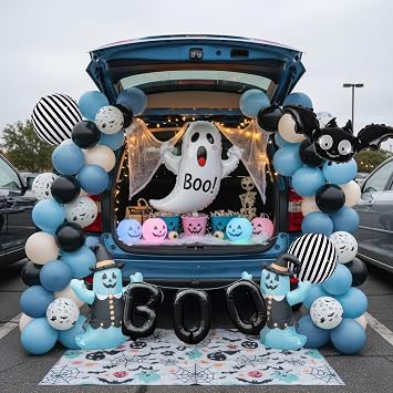 Blue Halloween Trunk or Treat Car Decorations & with Ghost Bat Stripes Foil balloons for SUV Car Archway Garage Halloween Boo Party Trunk or Treat decorations Supplies