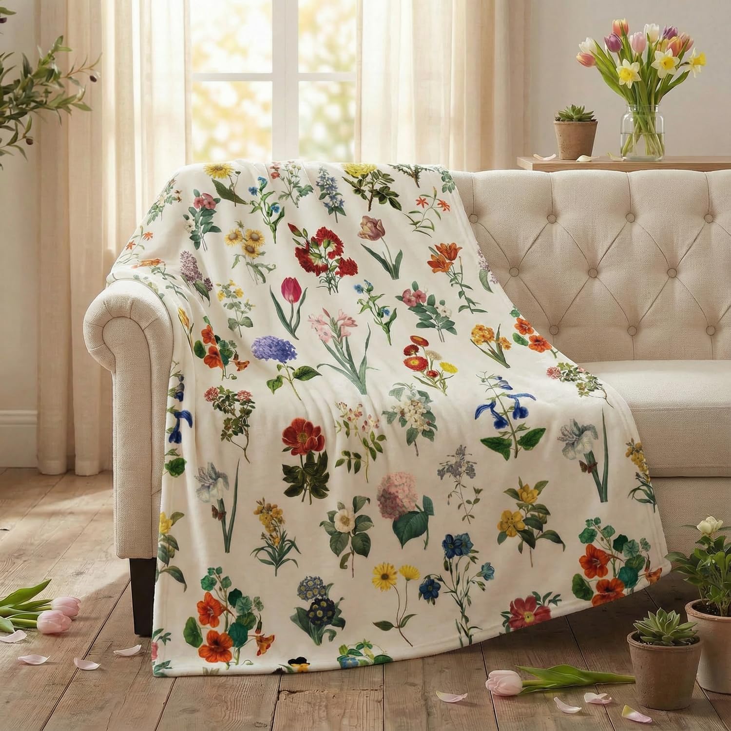 Horaldaily Spring Summer Flannel Blanket Throw, Vintage Flowers Beige Soft Fuzzy Plush Cozy Fleece Blankets for Couch Sofa Bed Lounging, Ideal Gifts for Kids Adults Self, 50x60 - Image 2