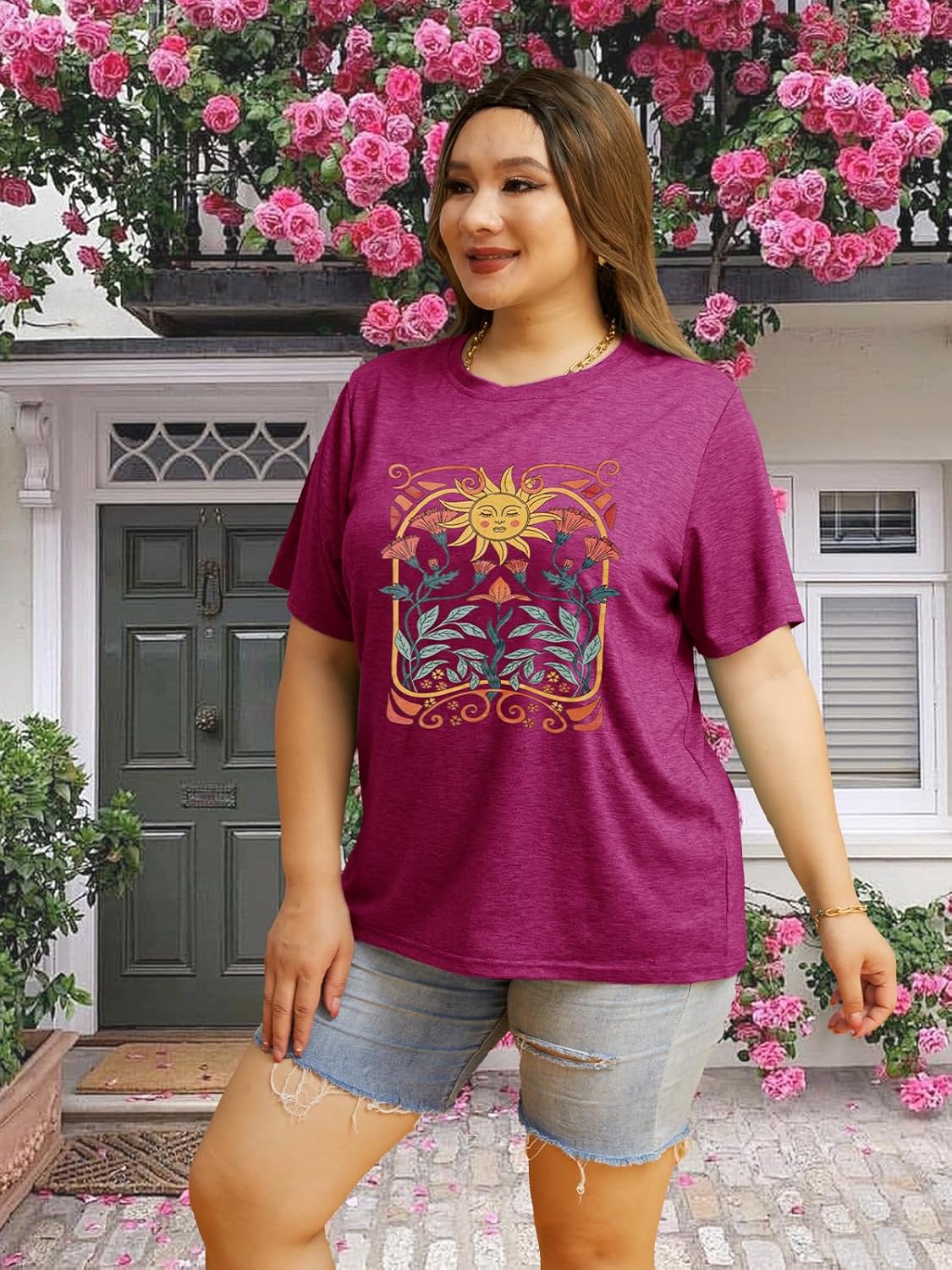 Plus Size Tops for Women Vintage Floral Graphic Tee Shirts Crewneck Short Sleeve Cozy Comfy Casual T-Shirt - Image 3