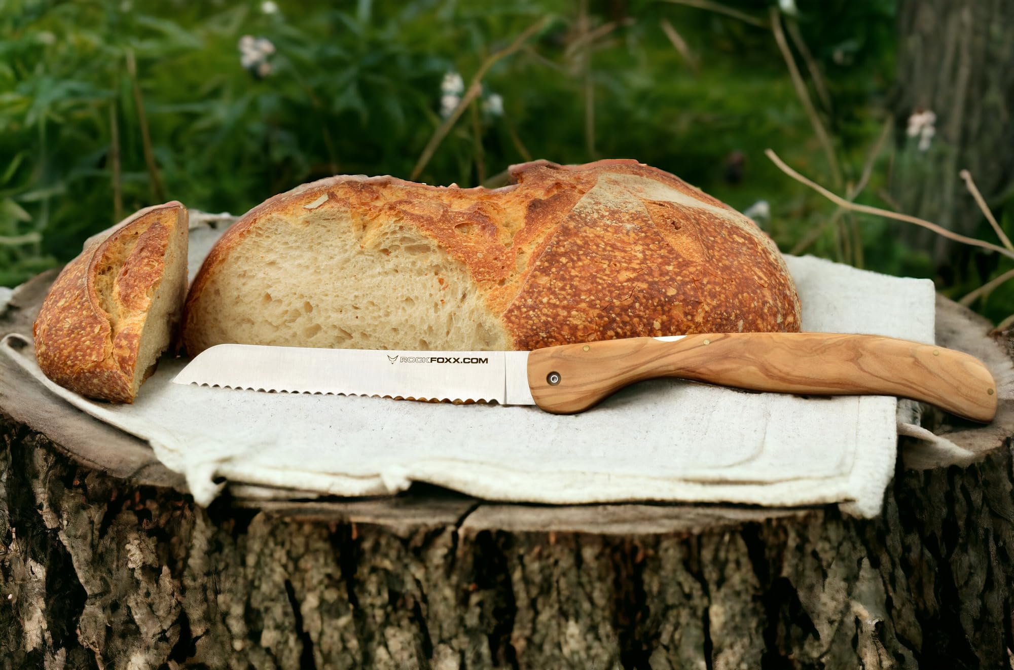 FOXXKNIFE Klappmesser Brotmesser Taschenmesser groß 18,5cm Klinge, ohne Lasergravur, Olivenholzgriff, scharfer Wellenschliff, Ideal für Camping, Offroad, Abenteurer im Wohnmobil, Inkl. Hardbox