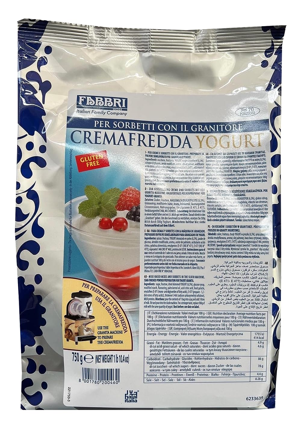 CremaFredda Yogurt Preparato in Polvere per Granite al Gusto Yogurt, Senza Glutine (Gluten Free) per fabbri 750g