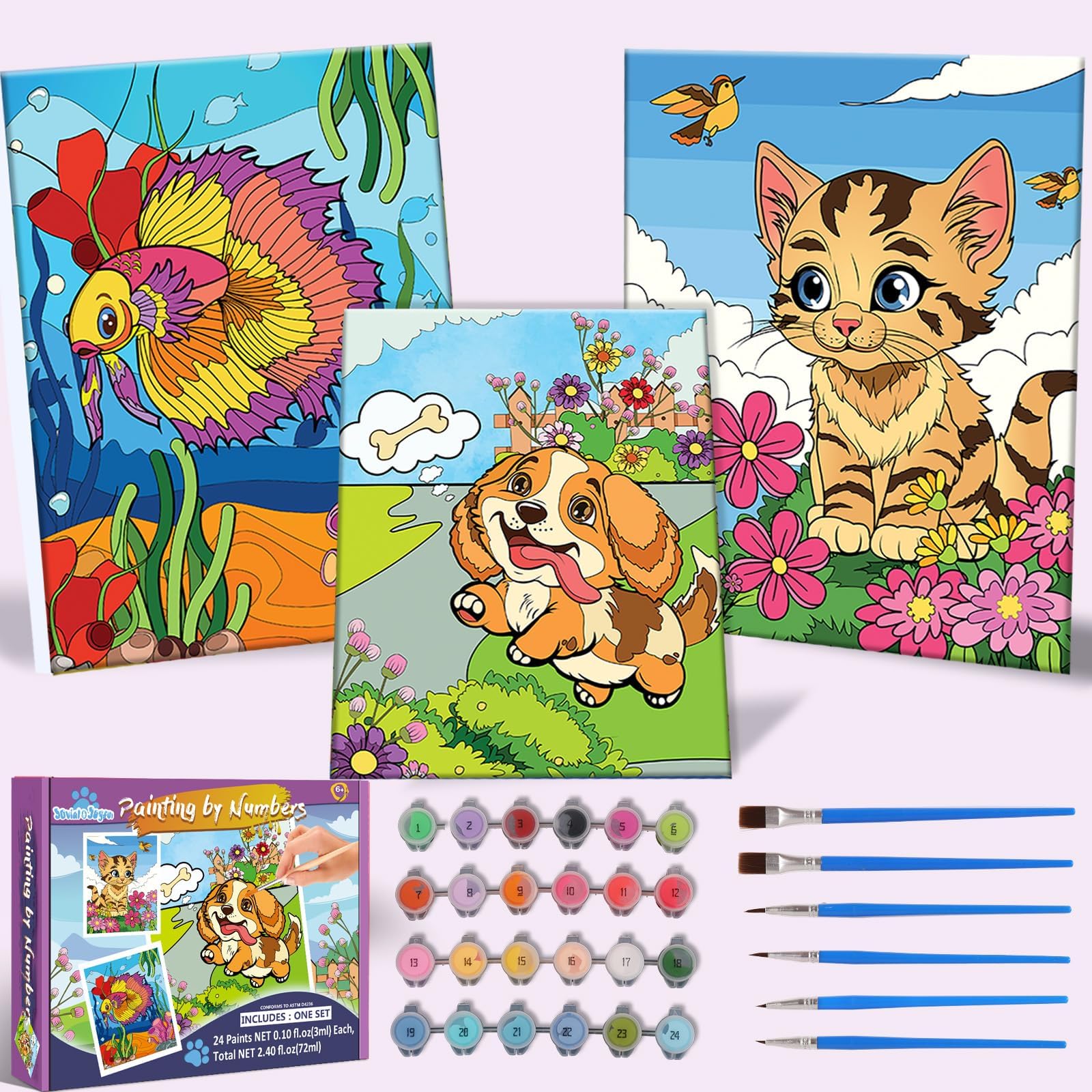 - Paint-by-Numbers-Kit-for-Kids, 3 Pack 8x10 Inch Framed Canvas With 24x3ml Acrylic Paints Pots, 6 Brushes, Paint And Sip Kit For Kids, Predrawn Canvas, Painting Kits for Age 8-12, 6-8 Christmas Gift