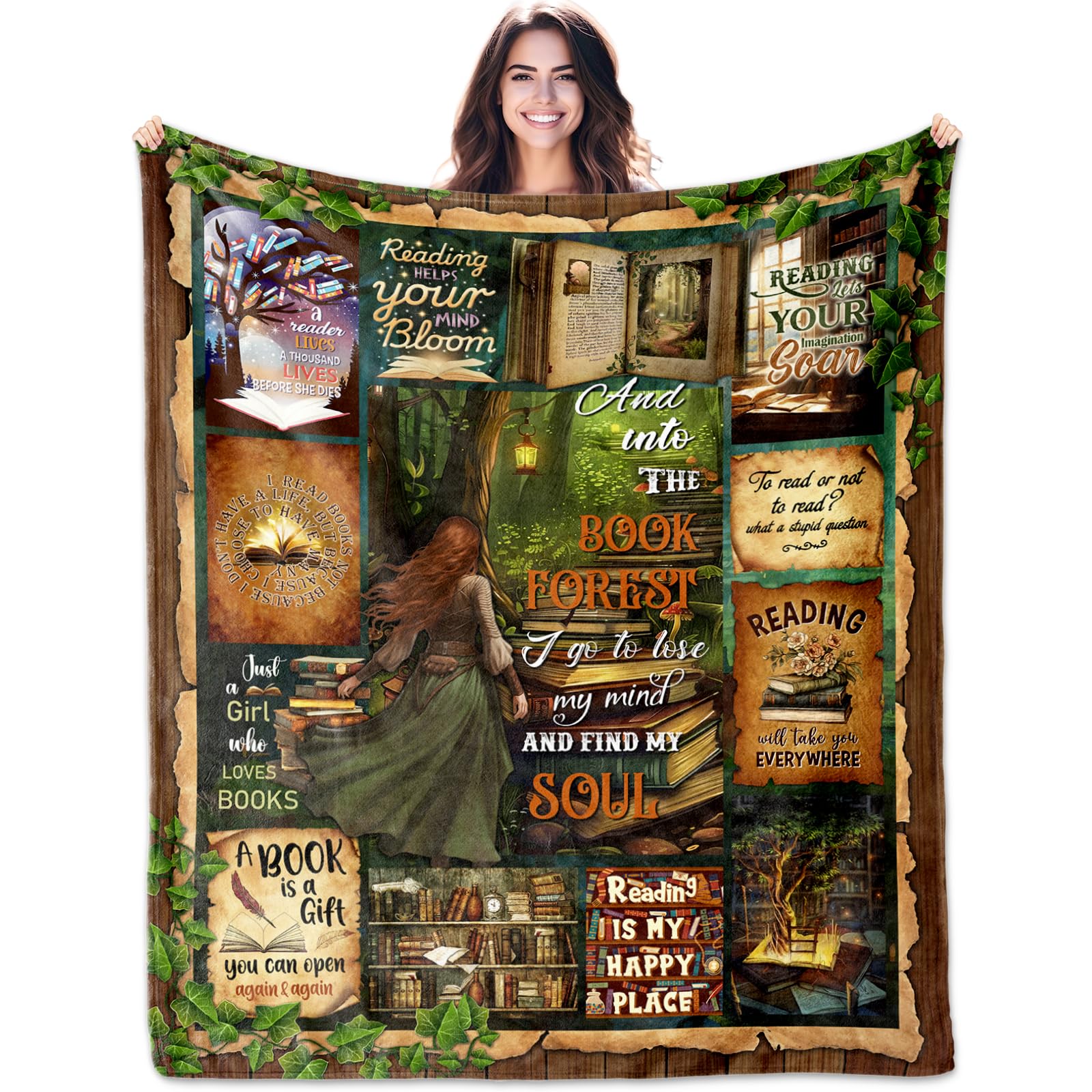 Reading Blanket For Book Lovers - 50x60 Inch Flannel Throw, Bookish Quotes, Soft & Cozy