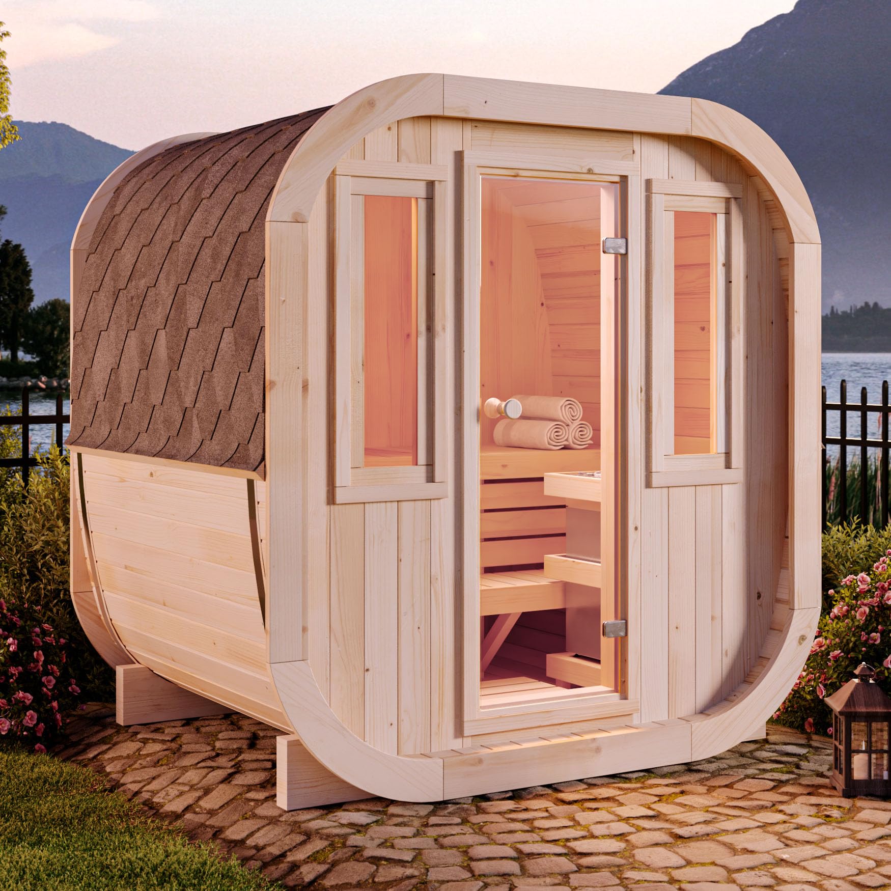 Fasssauna ScandiCube Mini XS Außensauna 42 mm Wandstärke 2 Sitzbänke