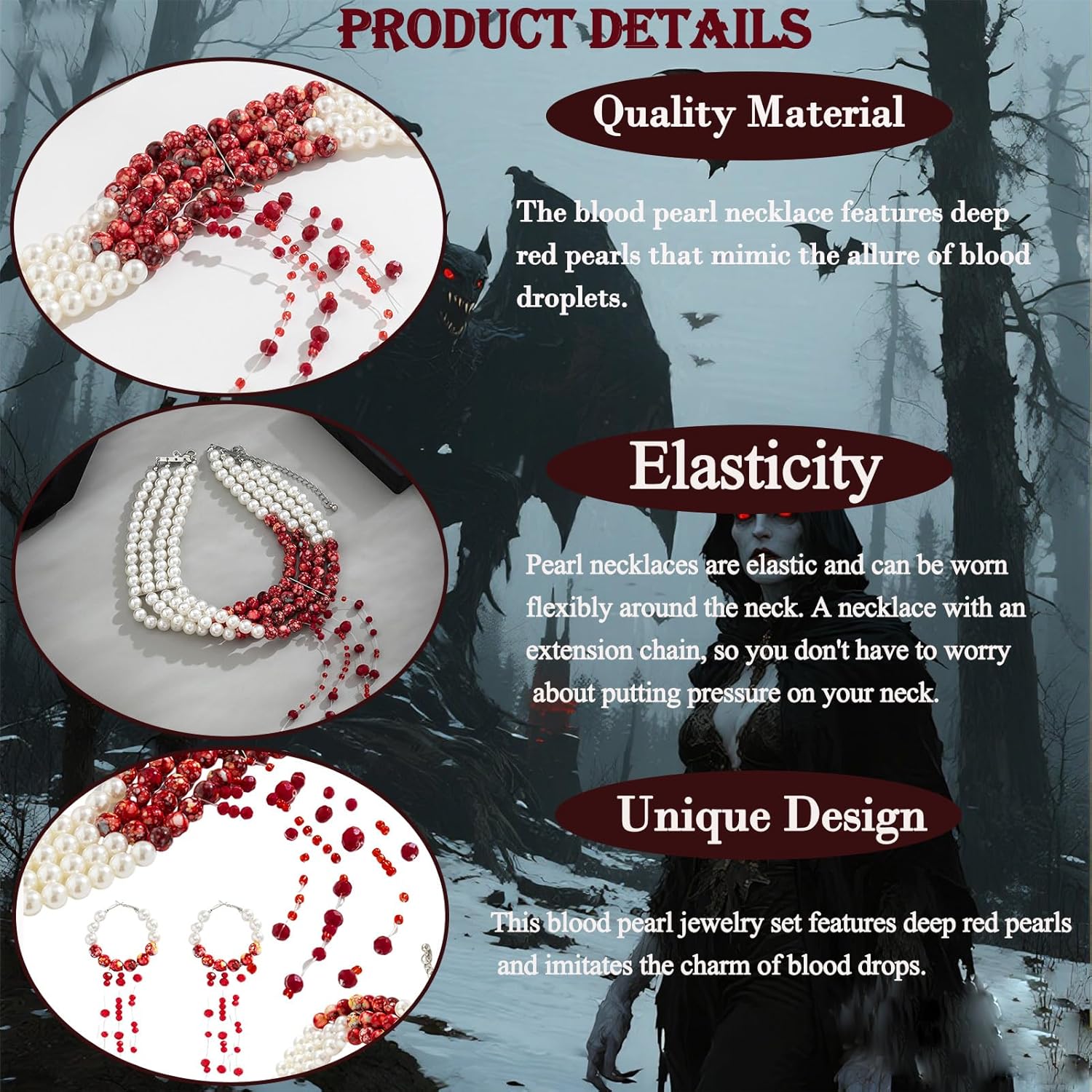 Blood Pearl Jewelry Set Vampire Necklace Bracelet Earrings for Women Goth Choker Necklace 3 Pcs Halloween Accessories - Image 6