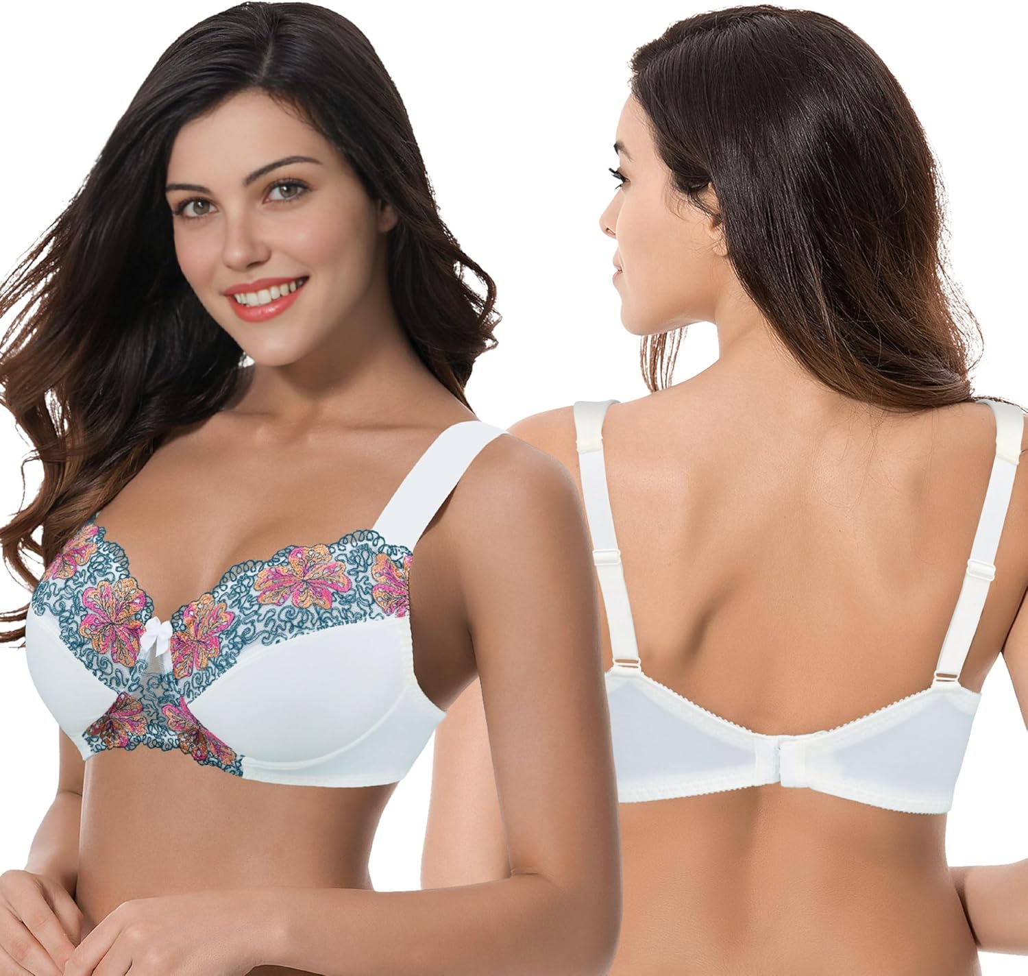 Curve Muse Women's Plus Size Minimizer Wireless Unlined Bra with Embroidery Lace