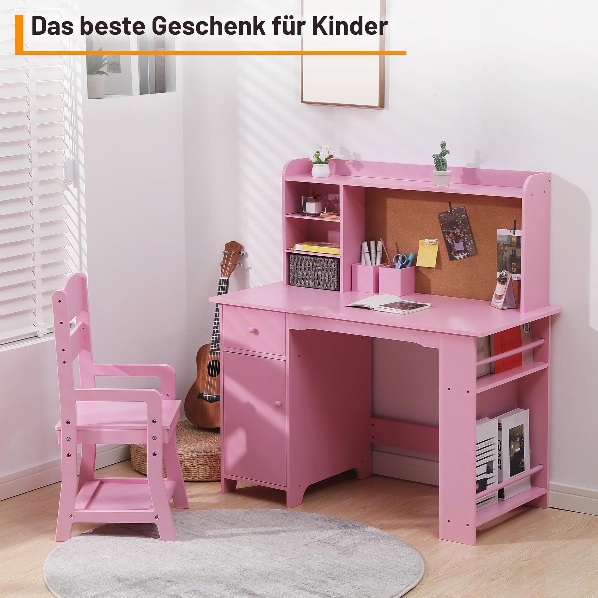 Garvee Kinderschreibtisch, Schreibtisch- und Stuhlset für Jungen und Mädchen, Holzschreibtisch mit Bücherregal, Pinnwand, Schrank und Schublade für Kinder von 3-8 Jahren, Rosa