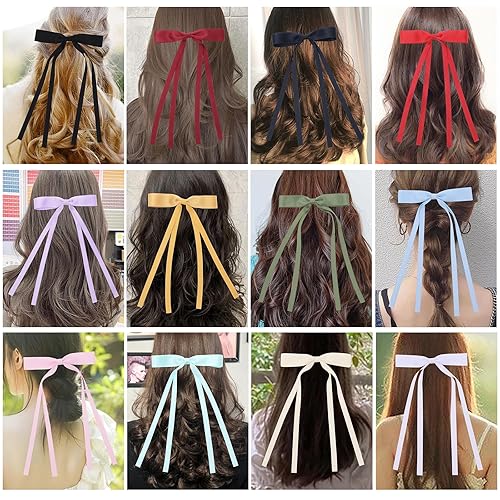 Miniatura 9 de Slevaty 8 lazos para el cabello para mujer, cintas trenzadas de cola larga, lindos pasadores dobles, pinzas de metal, lazo, accesorios estéticos
