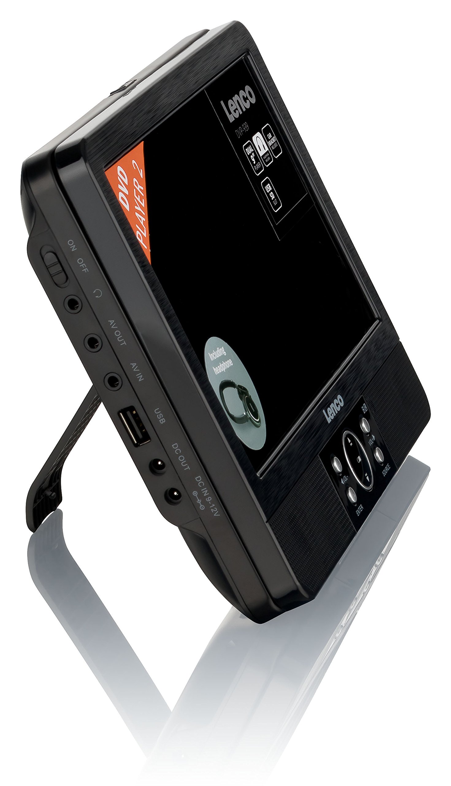 Lenco DVP-939 - Lettore DVD portatile da 2 x 9 pollici con 2 cuffie e 2 supporti per poggiatesta - batteria ricaricabile integrata - ingresso USB - lettore di schede SD - nero