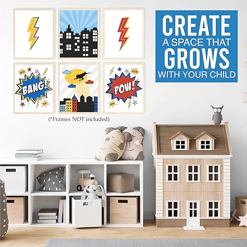 Miniatura 6 de Hadley Designs 6 impresiones reversibles de decoración de pared de 8 x 10, decoración de habitación de superhéroe sin marco para niños, decoración