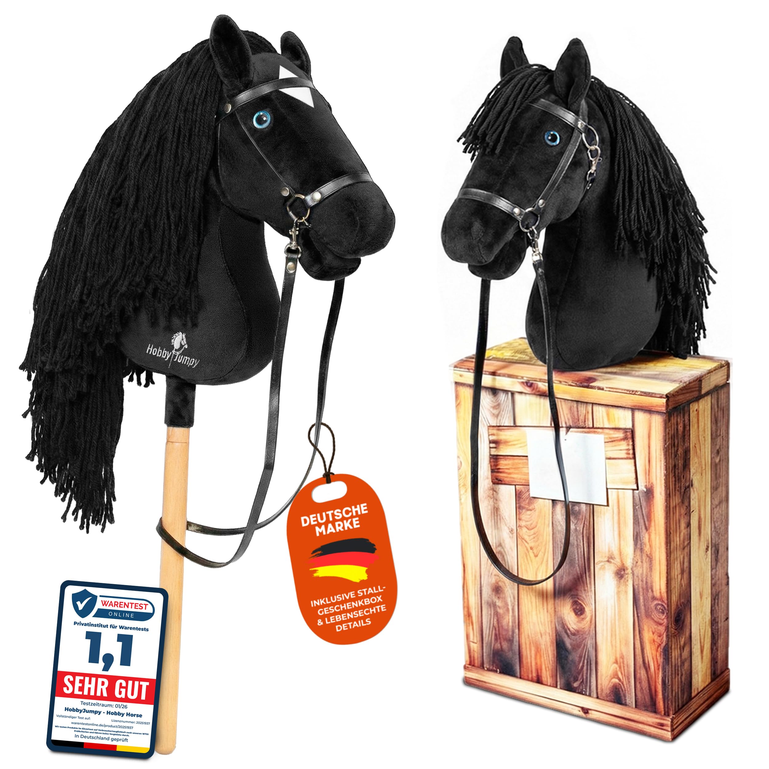 Hobby Horse A3 Steckenpferd mit realistischen Augen und Stall-Geschenkbox – Braun oder Schwarz