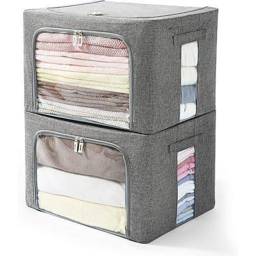 Clothes Storage Bins Box - Linen Fabric Foldable Stackable Container Organizer Set with Clear Window & Carry Handles & Metal Frame - 2Pack Large Capacity for Bedding, Blankets, Toys, Books (Dark Gray, Large-66L)