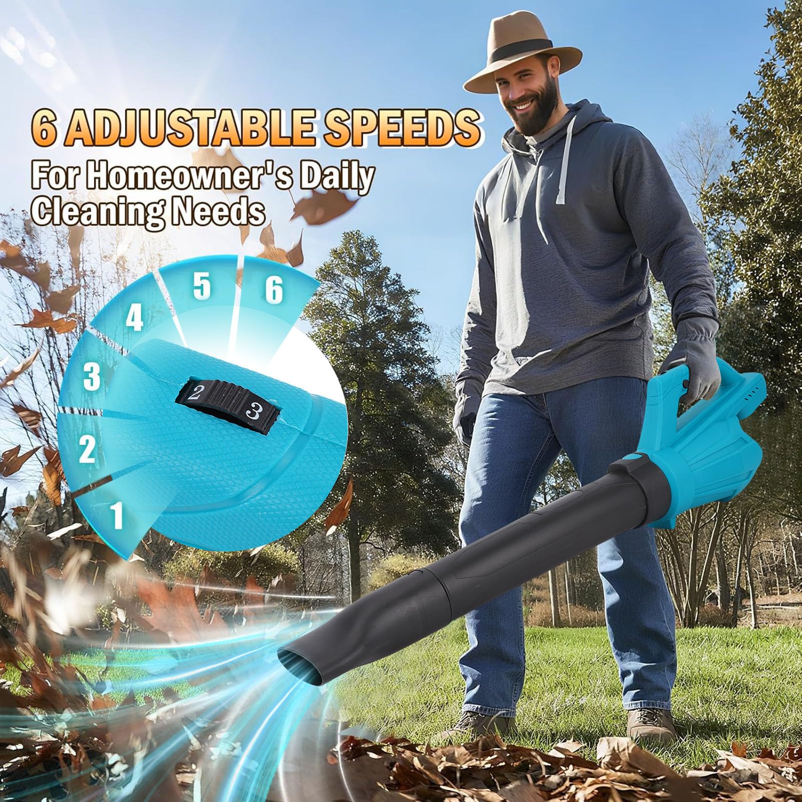 YWBL-WH Potente Soffiatore a Batteria 220 M/s, Soffiatore per Foglie Portatile a 6 velocità per Cortile, Garage, Strada, Impugnatura in Gomma Antivibrante