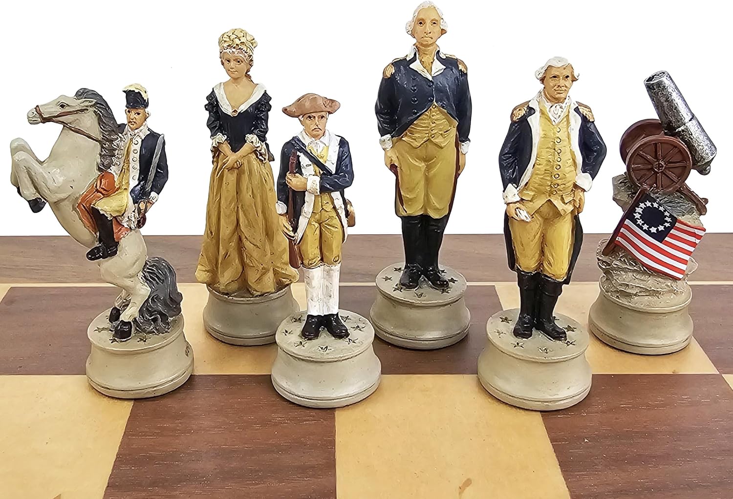 American Revolutionary War Chess Men Set with 17 inch Walnut and Maple Board