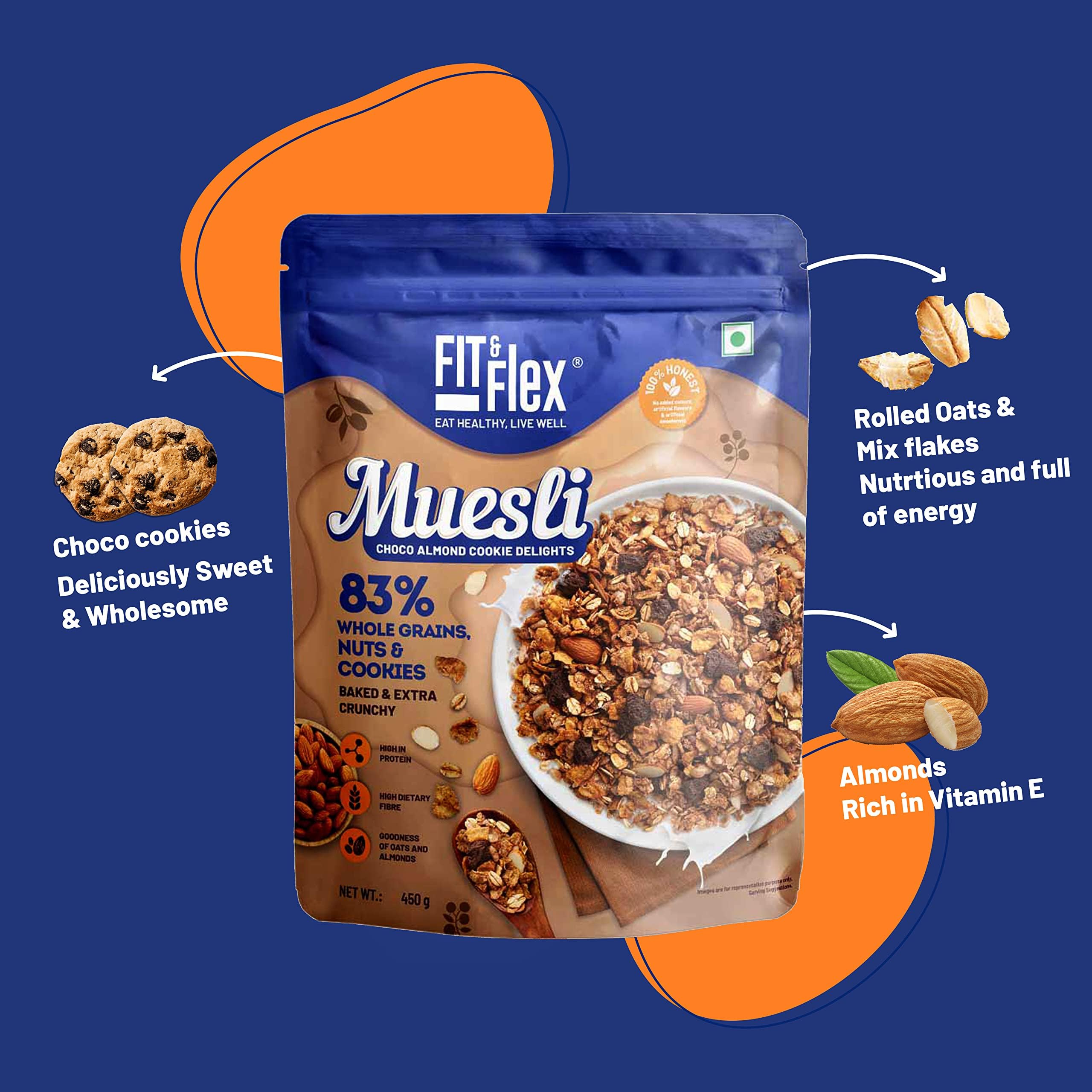 FIT & FLEX Baked Crunchy Mixed Fruit Granola (450 g) And Choco Almond Cookie Muesli (450 g) - As Seen on Shark Tank India - 900 g (Breakfast Combo Pack of 2) 1