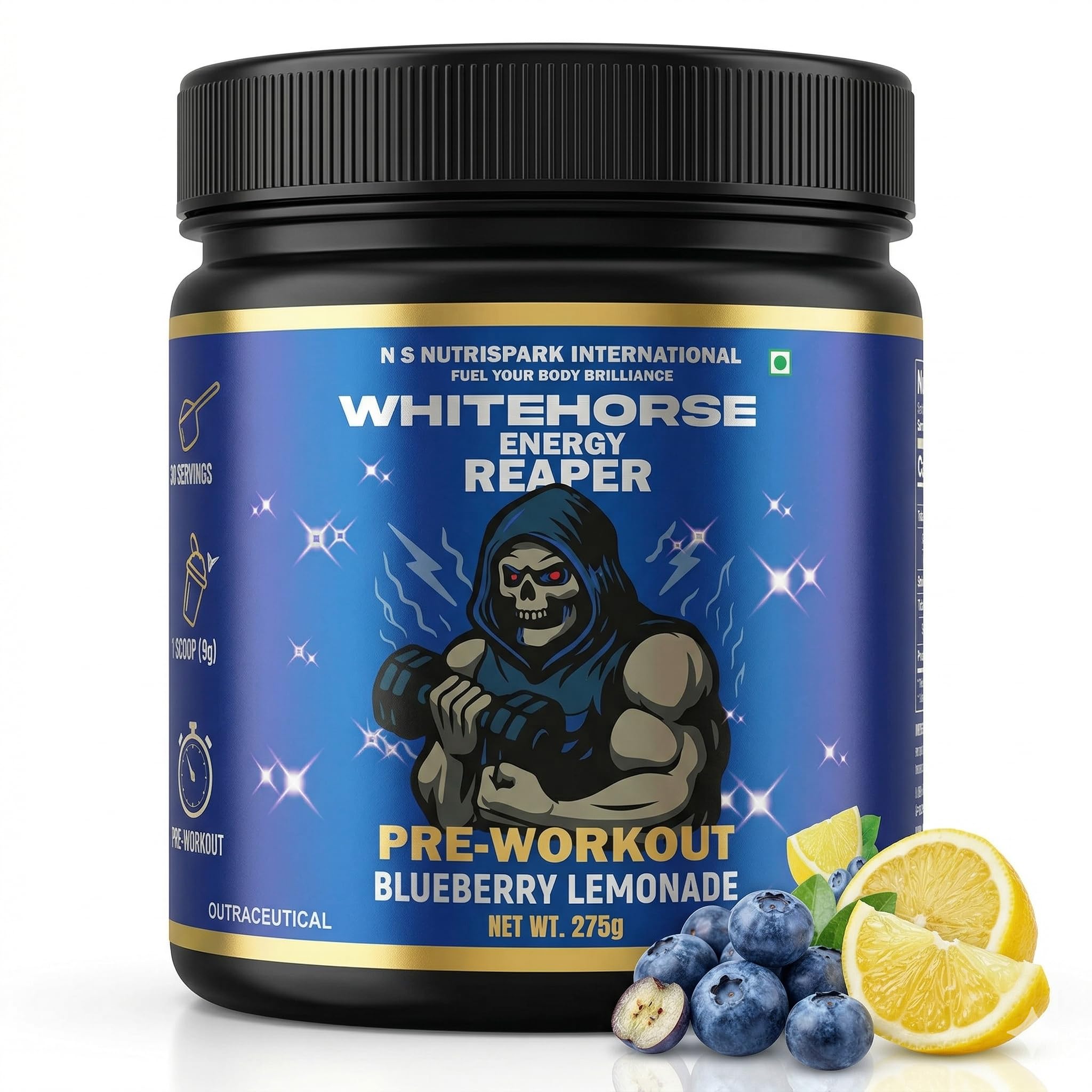NutriSpark White Horse Pre-Workout Powder – Creatine HCl, Beta-Alanine & Glutamine – Energy, Endurance & Muscle Support – No Crash Formula – Blueberry Lemonade Flavor – 275g 1