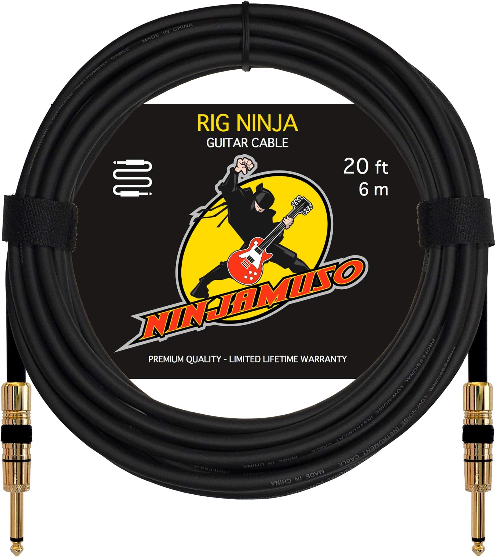 Rig Ninja 1/4 Guitar Cable by NinjaMuso - 20ft Black Straight - Low Noise Electric and Acoustic Guitar and Bass Patch Cords - 20 Feet Amp Cord for Musical Instrument to Amplifier
