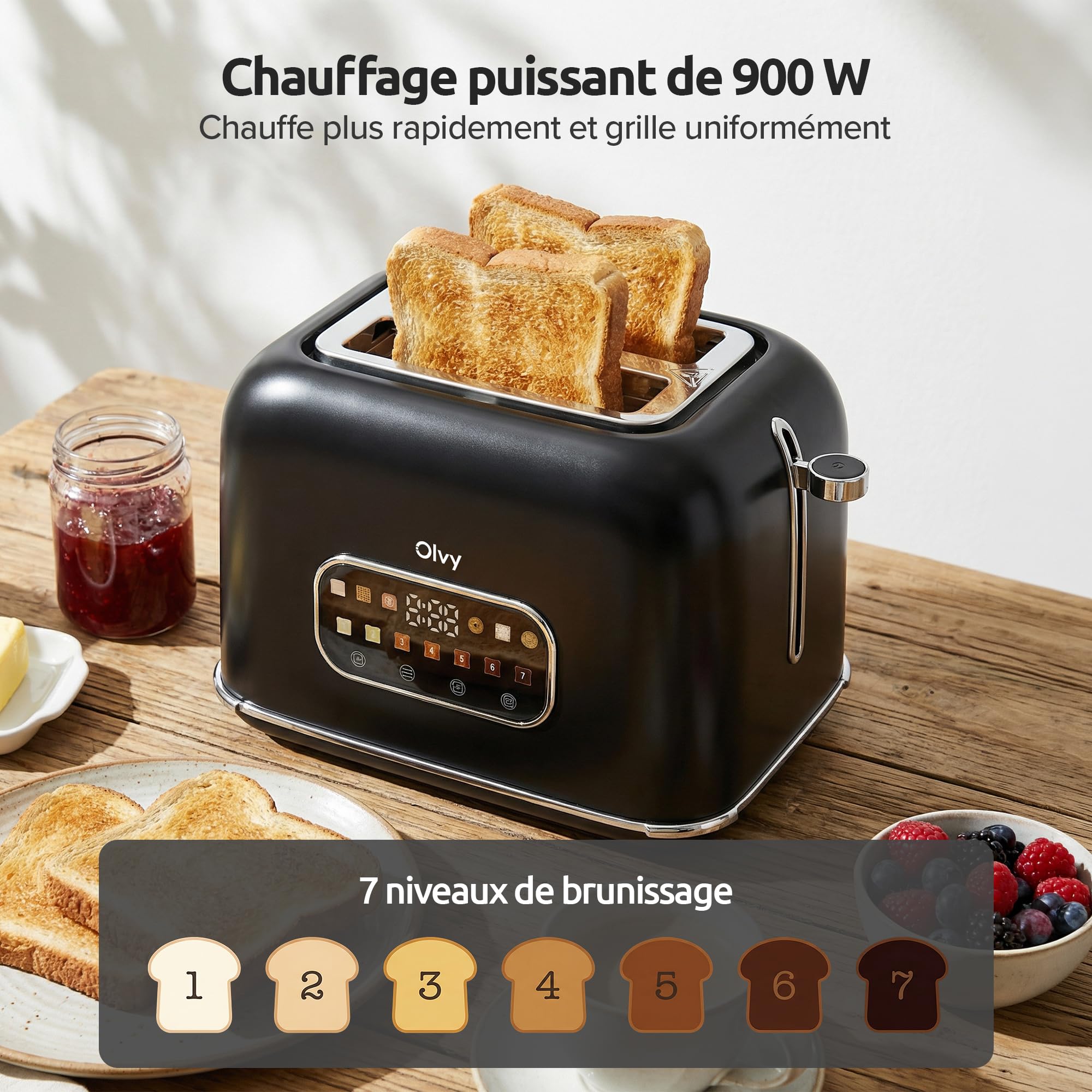 Olvy Grille-pain de luxe avec écran LCD et minuterie – Fentes extra larges (Décongeler/Réchauffer) – 7 niveaux de dorage – Black – 900 watts
