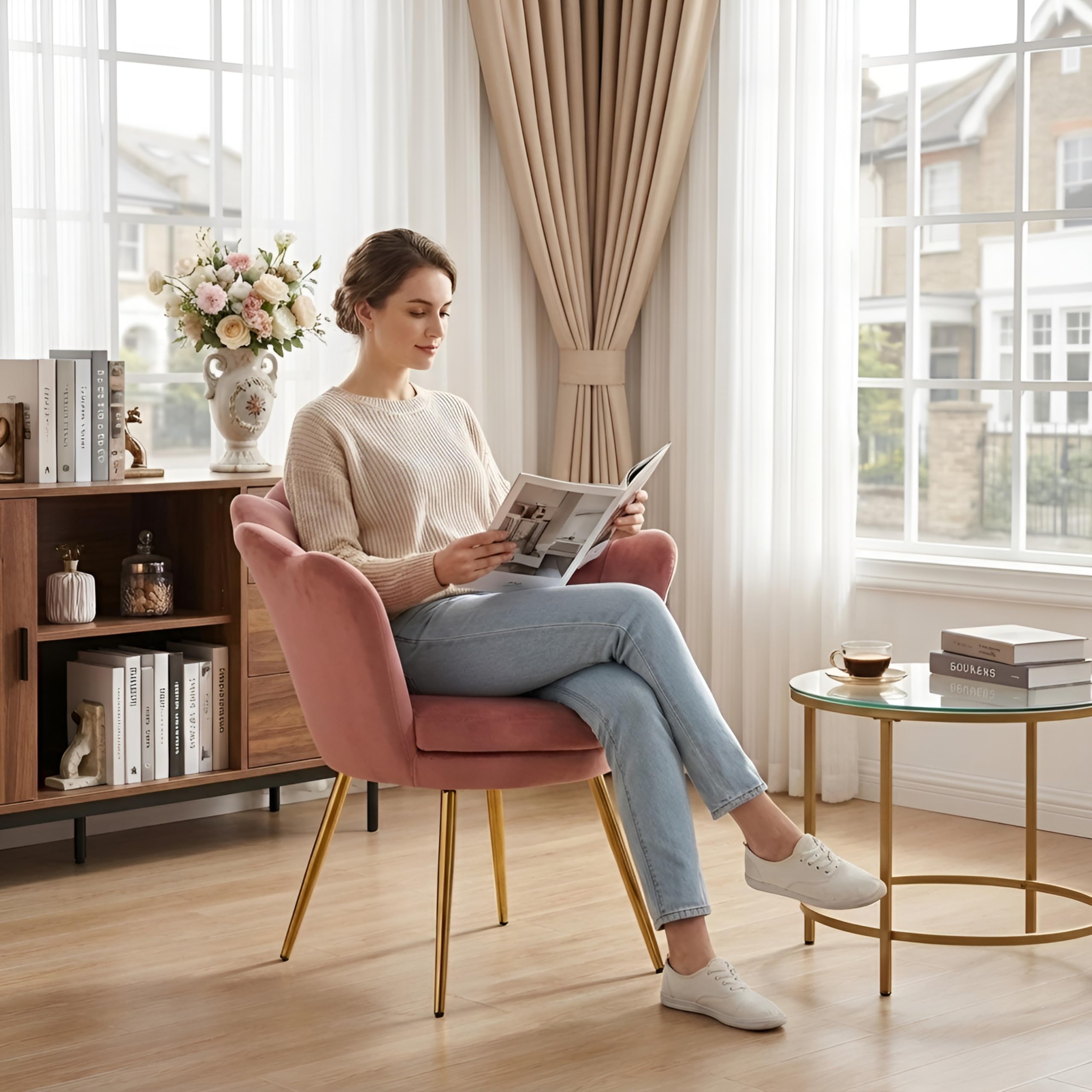 chairus Fluwelen gestoffeerde stoel, ergonomische draaistoel, make-upstoel zonder wieltjes, in hoogte verstelbaar, gestoffeerde stoel voor woonkamer, slaapkamer (roze