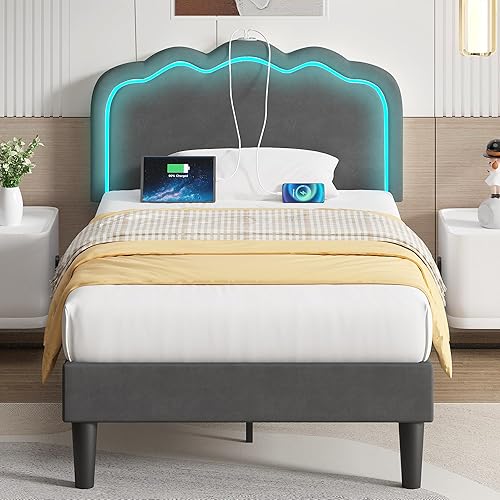 Miniatura 22 de VECELO Base de cama tapizada de tamaño individual con cabecero ajustable, luces LED, USB-A y tipo C, plataforma de terciopelo sin ruido, base de