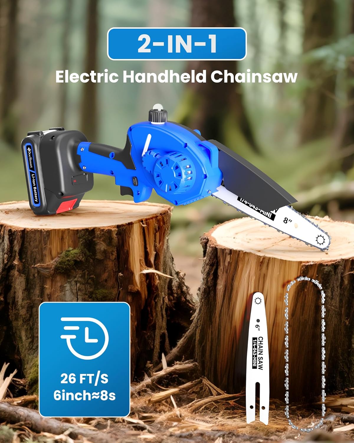 8 Inch & 6 Inch Brushless Mini Chainsaw Electric Cordless+20'' Cordless Hedge Trimmer with 3000RPM 180" Rotatable Head Blue