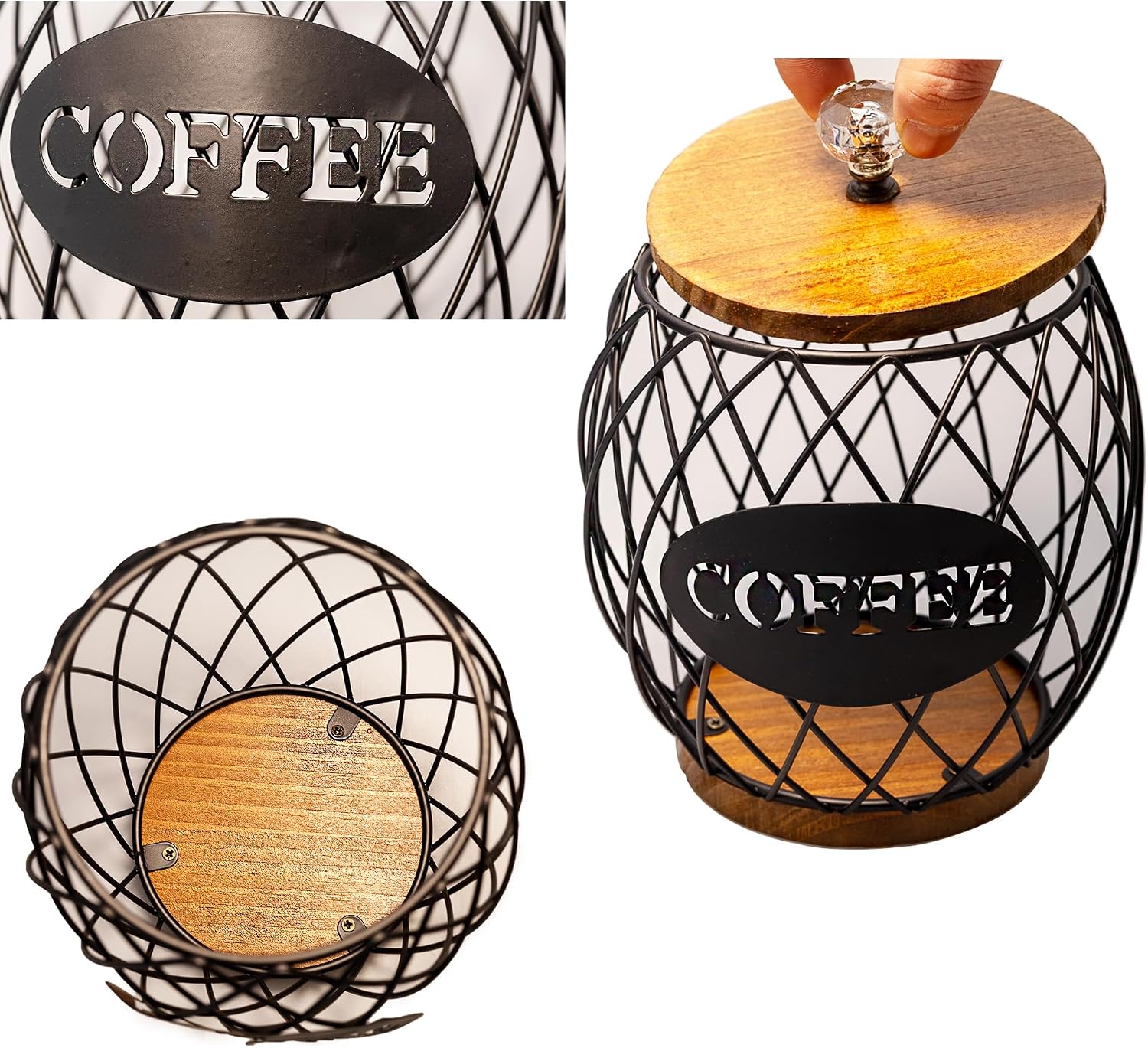 Coffee Pod Holder Compatible with 26 Nespresso Vertuo Pods for Coffee Station Corner Organizer K-Cup Original Line Capsules Metal Wire Basket With Wooden Lid Crystal Handle Black Color