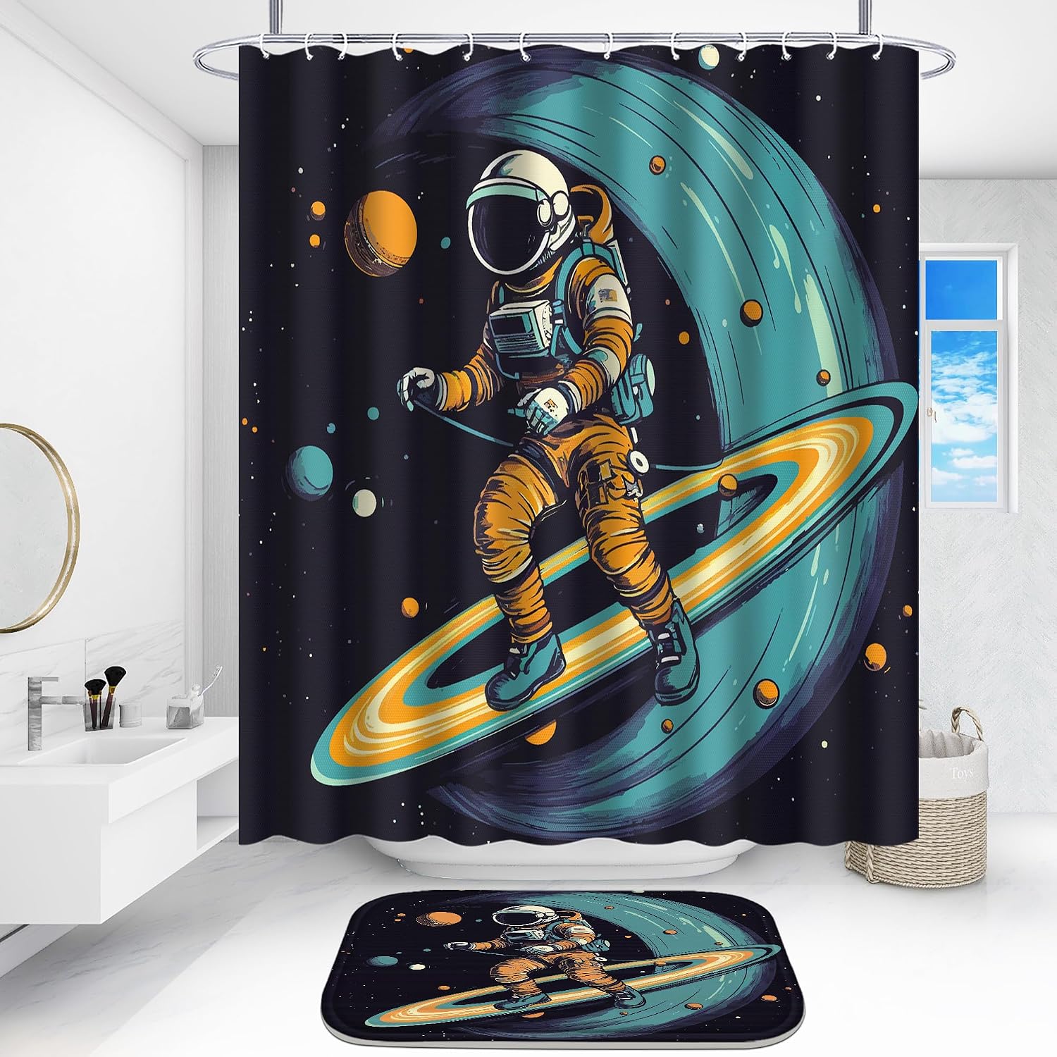 Poedist 4 Pcs Bathroom Shower Curtain Set,Space Bathroom Set, Shower Curtain Sets with Rugs(Bath Mat,U Shape and Toilet Lid Cover Mat) and 12 Hooks image 5