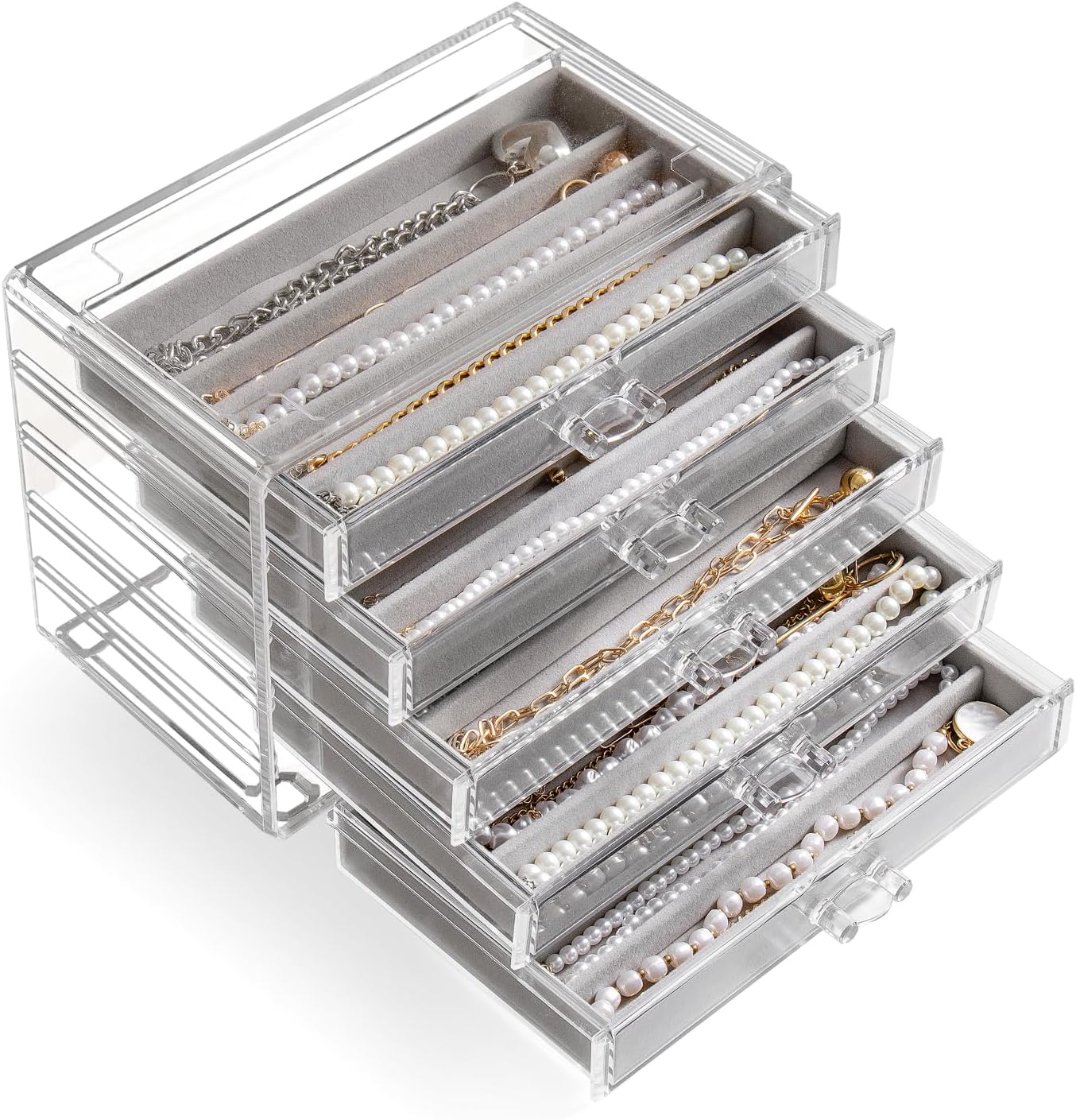 YUFONG Necklace Holder Organizer, Dustproof Necklace Box Velvet Necklace Organizer Box with Lid Clear Acrylic Dustproof Stackable Jewelry Displays for Necklaces Chain Display (Gray, 5 Drawer)