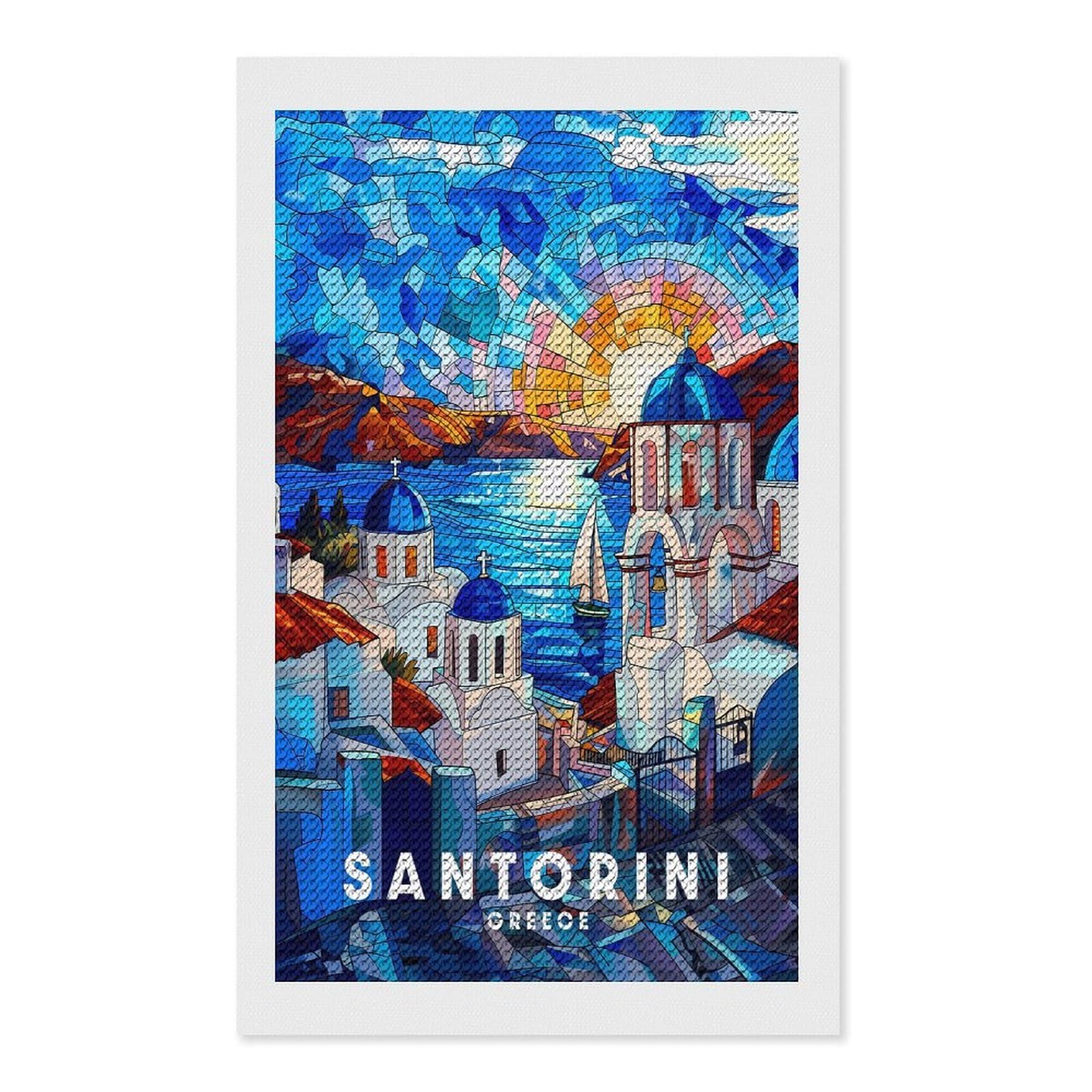 Junmoney Santorini Diamond Art Canvas 12"x20", Easy to Follow Symbols, Finish and Display, Fun Craft Experience, Aesthetic Room Decor