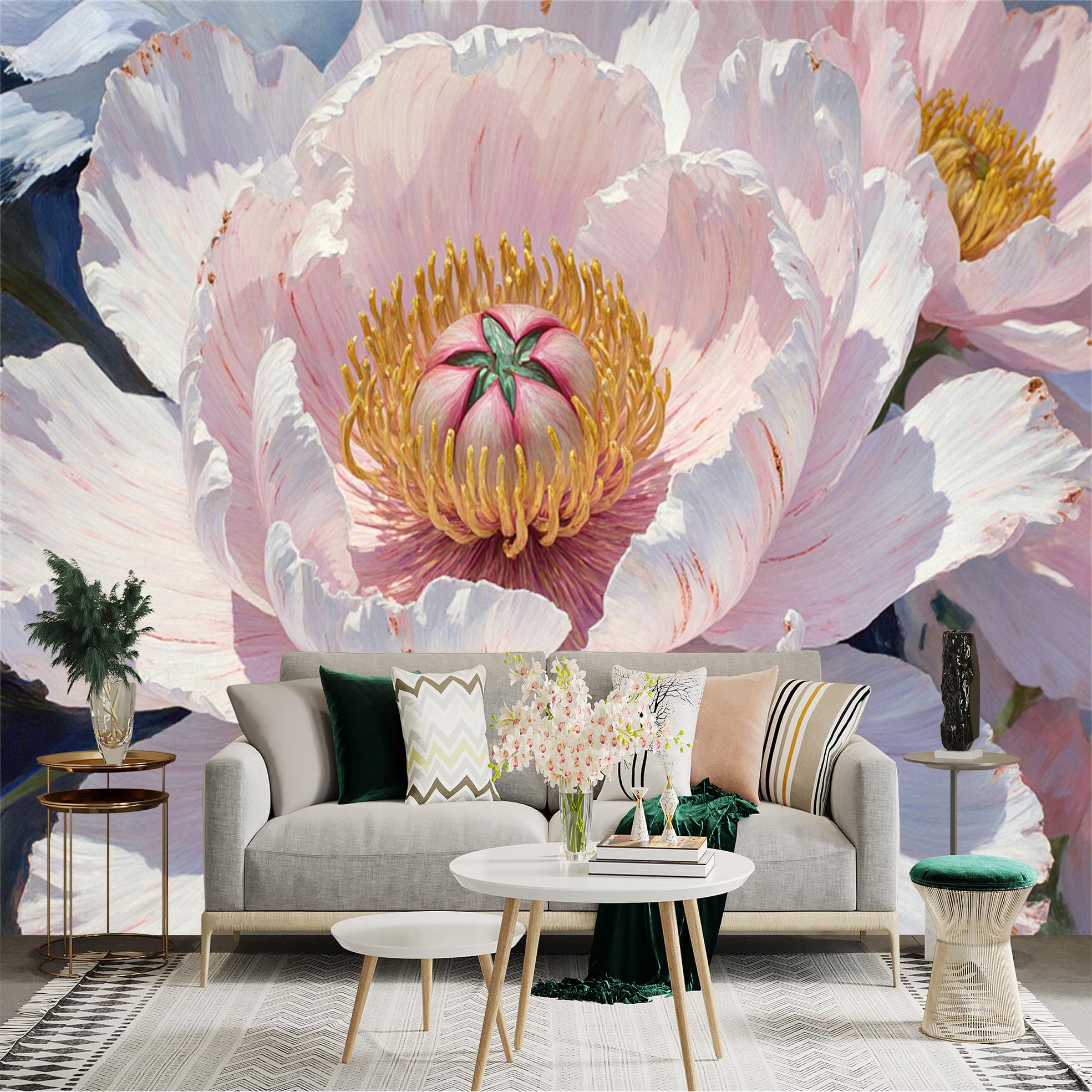 Custom Size Wall Sticker Mural， Large Pale Pink Peony Flower， Oil Painting Style Floral Art， Soft Botanical Bloom， for wall Decoration， peelandstick wall Decals.