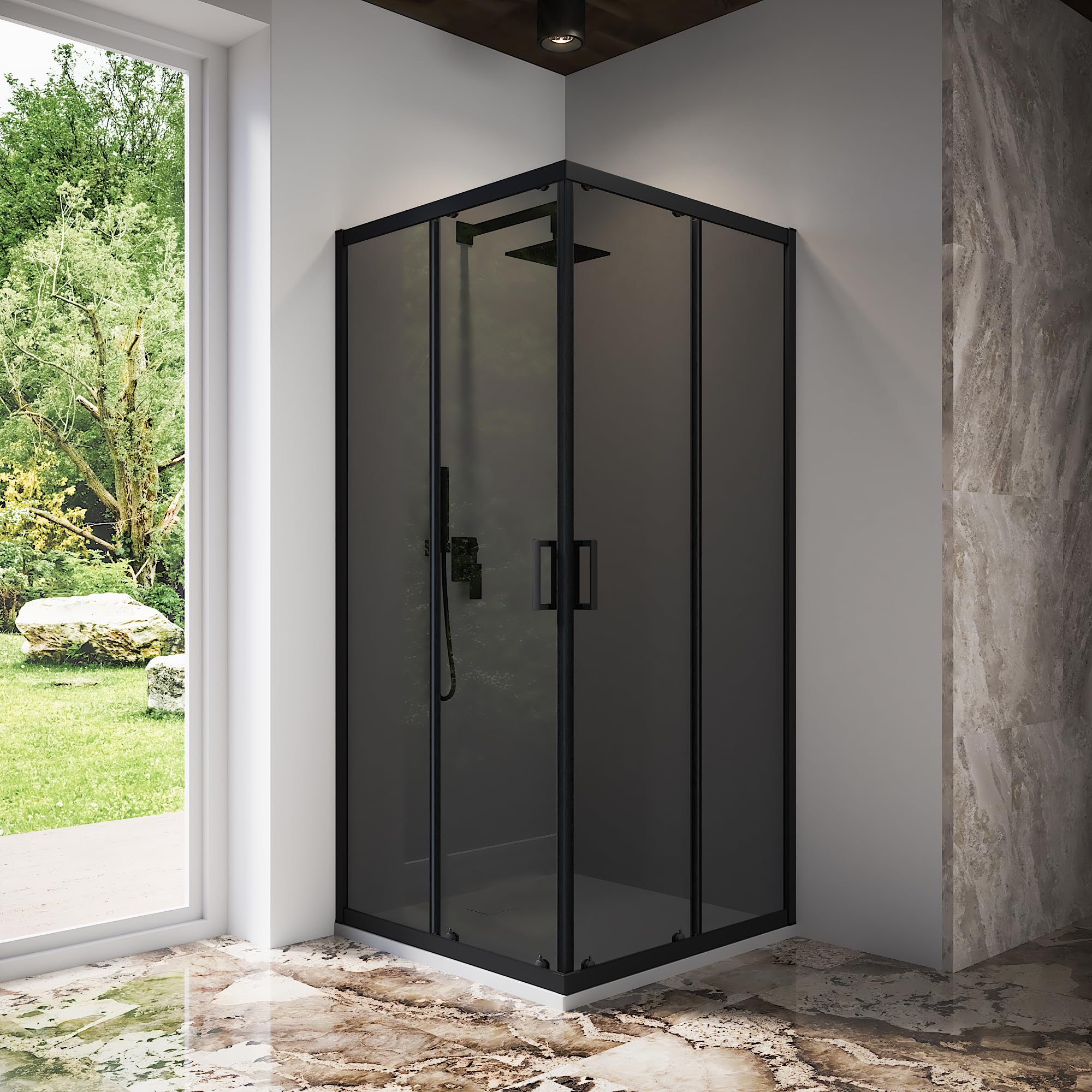 Box Doccia Angolare Due Ante Scorrevoli Cristallo Temperato 6mm Profili Squadrati Nero Opaco Altezza 185 cm - Tonga (Vetro Fumè, 80x80)