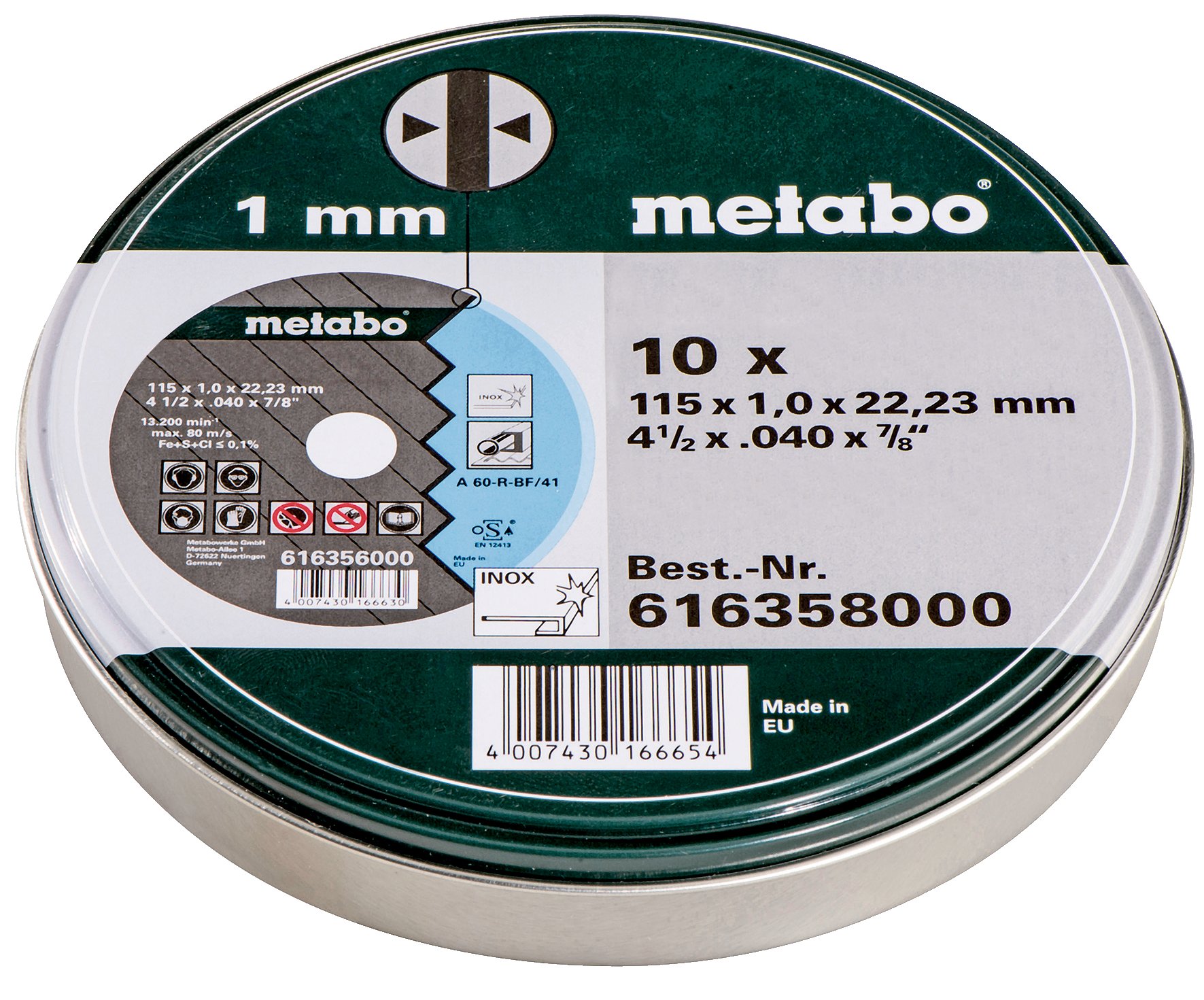 Metabo 616358000 Cutting Disc 115mm 10pcs Steel/Stainless Steel