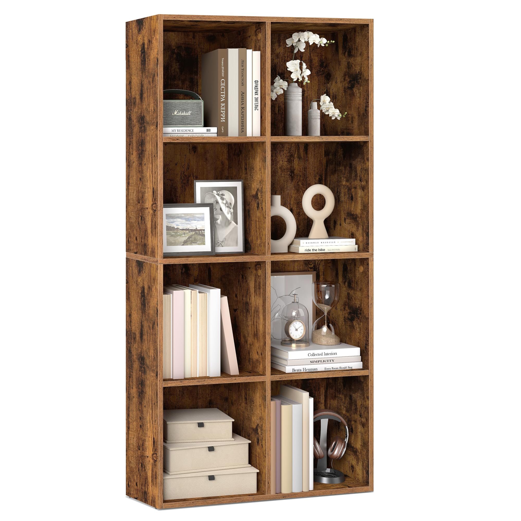 vasagle custos collection - bookshelf, bookcase, cube shelf with 8 compartments, 9.4 x 25.8 x 51 inches, storage shelf, for living room, home office, dining room, rustic brown ulbc424k01