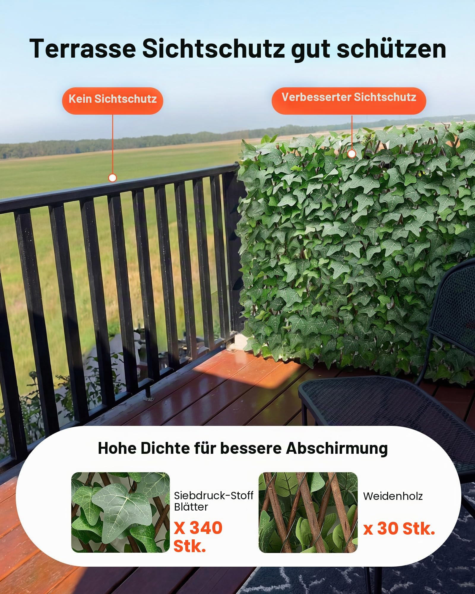 VEVOR Künstliche Hecke 63,5x320 cm, Pflanzenwand, Ausziehbarer Sichtschutz, Efeu-Sichtschutzzaun, Windschutz, Heckenzaun, Kunstpflanzen Balkonverkleidung für Hochzeiten, Außengärten, Hinterhöfe