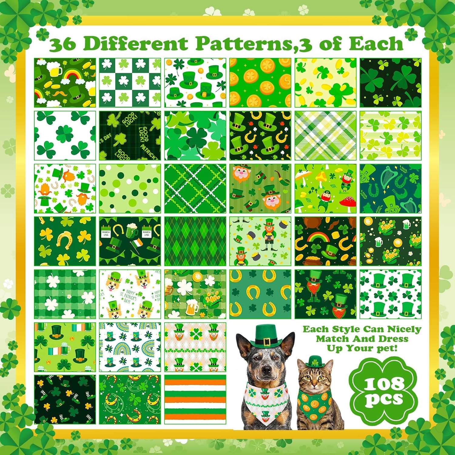 108 Pcs St. Patrick's Dog Bandanas Bulk St. Patrick's Bandanas for Dog Pet Scarf Bibs Soft Triangle Shamrock Neckerchief Adjustable Washable Holiday Scarf for Pet Costume Accessories